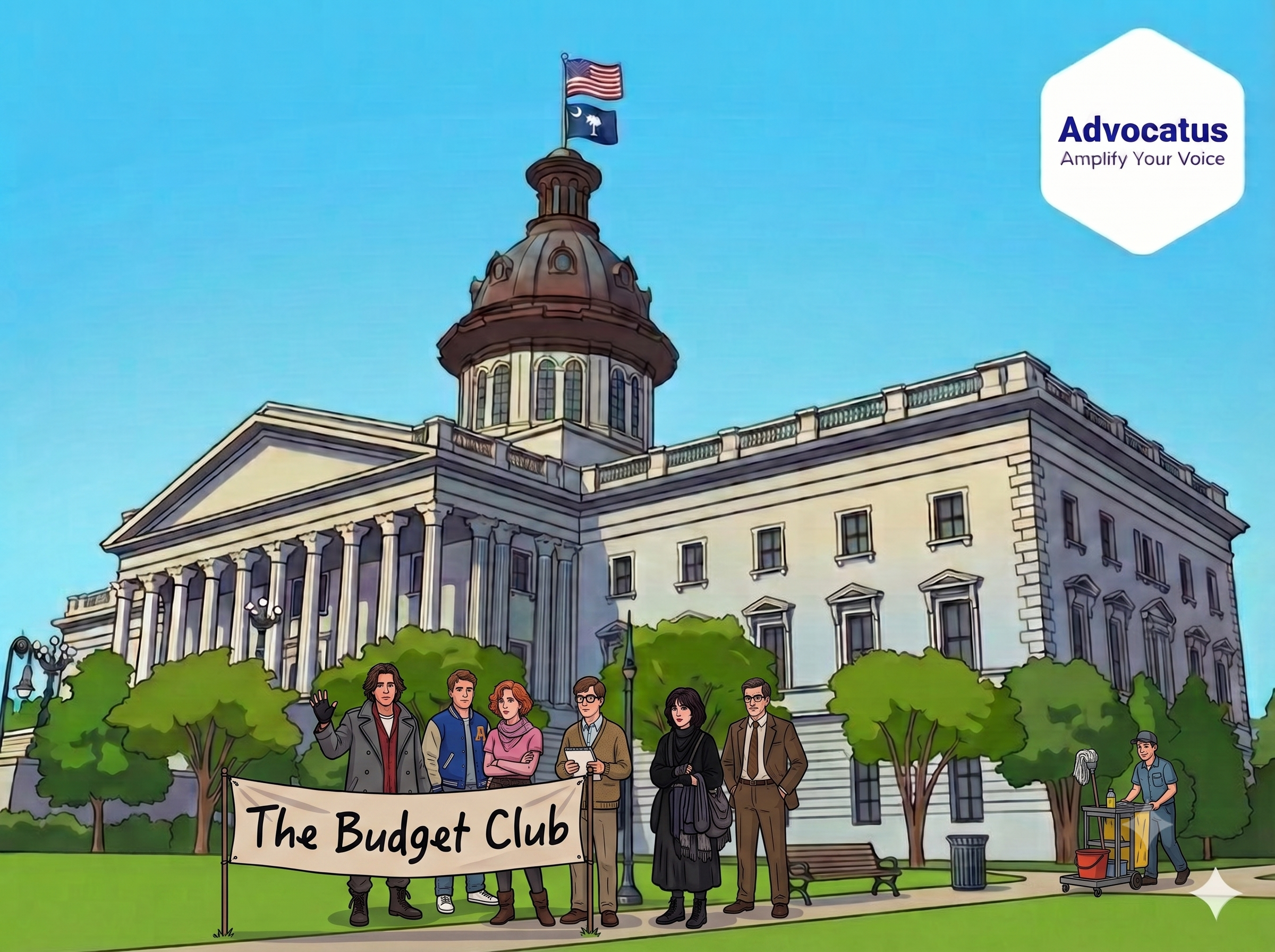 A color cartoon image of the South Carolina capitol. In front of the building is the cast from the movie The Breakfast Club. In front of the cast is a banner that reads The Budget Club.