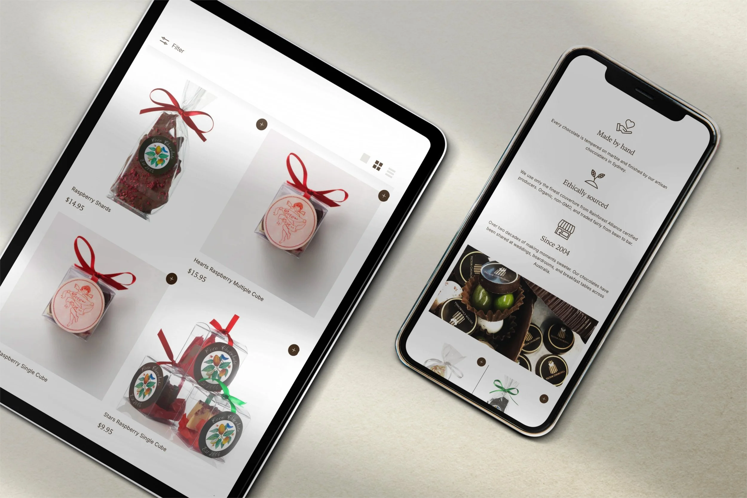 Coco Chocolate website featured on a tablet and phone