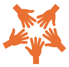 Five orange hands reaching toward the center