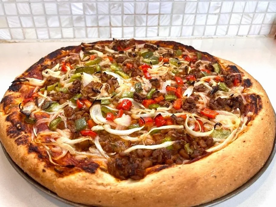 Homemade Deep Dish Pizza with “Sausage”, Peppers and Onions