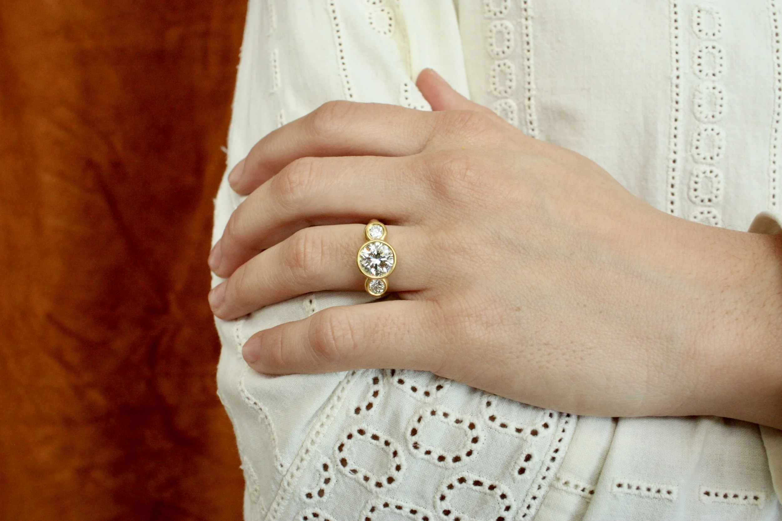 Bold three-stone chunky diamond engagement ring by Bracken Jewelers