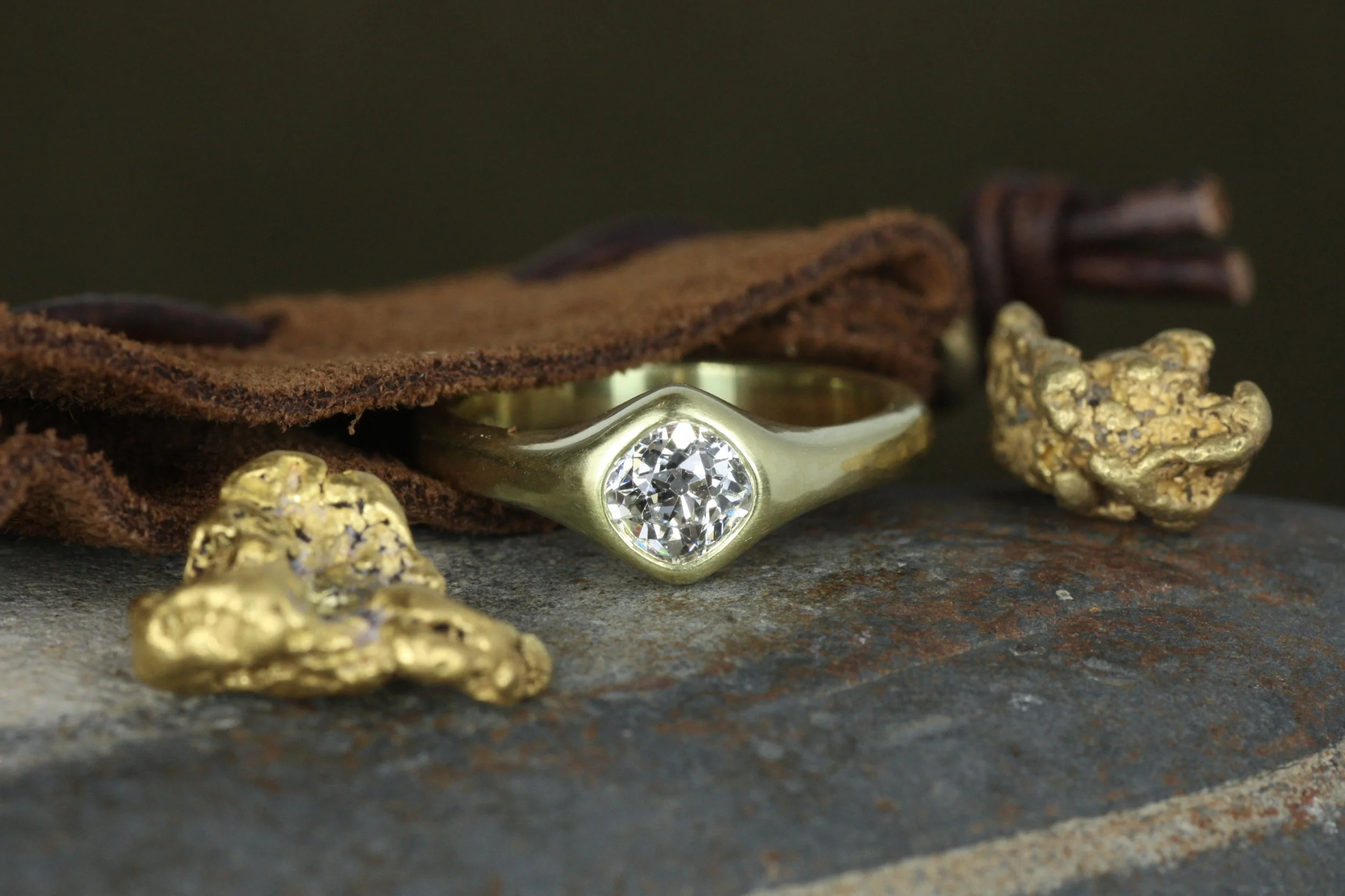 antique old mine cut diamond engagement ring with California gold nuggets