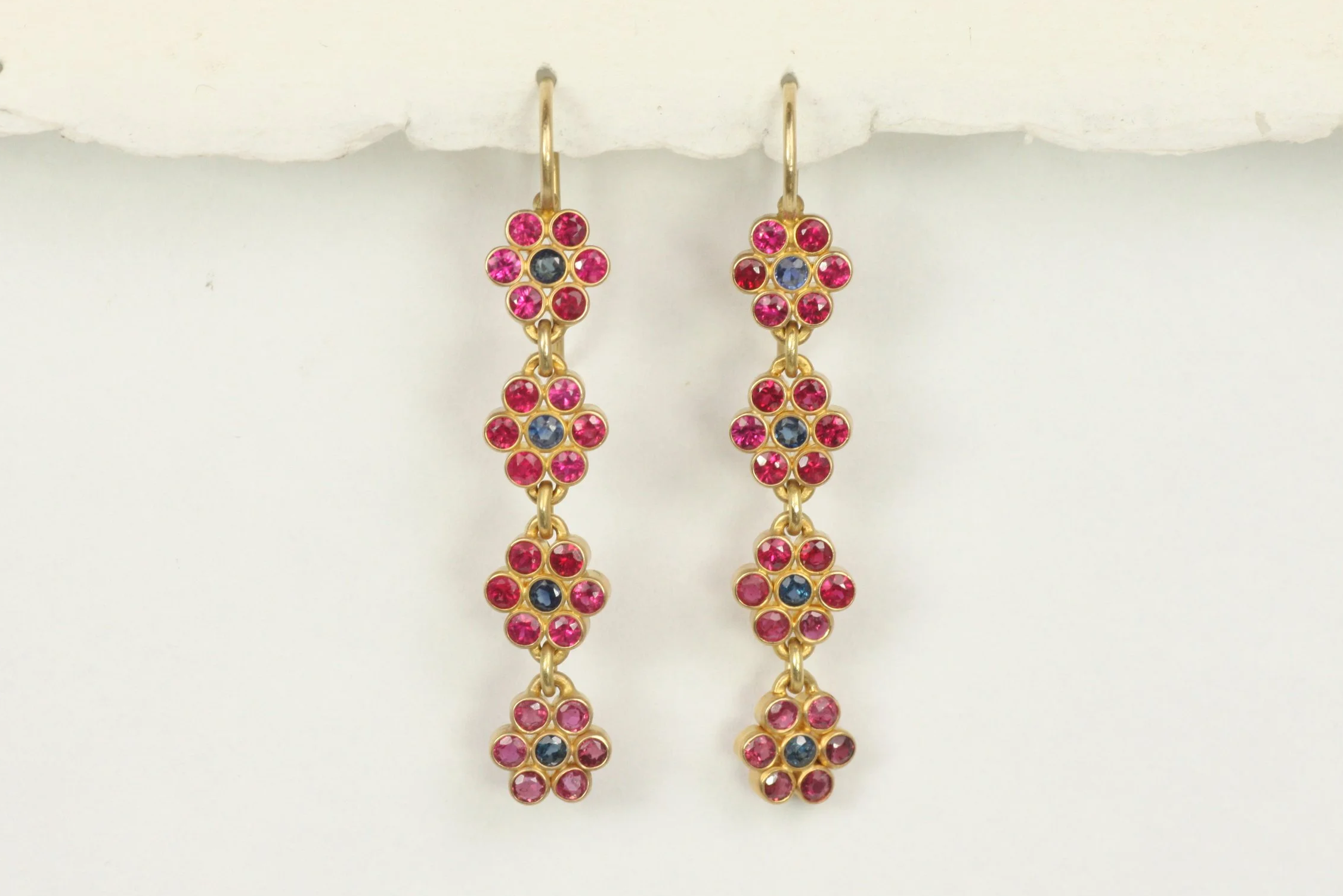 Ruby and Blue Sapphire Floral Dangling Earrings