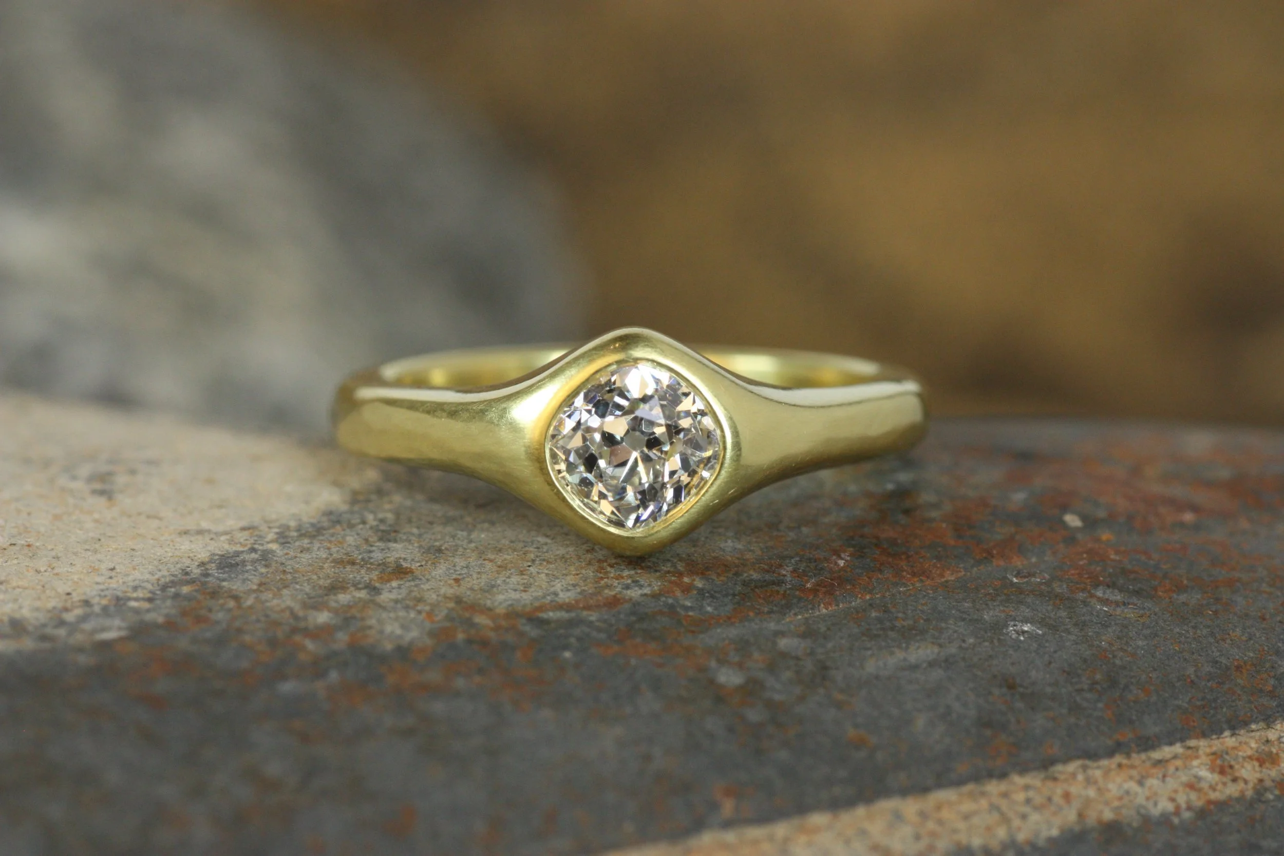 0.75CT Old Mine Cut Diamond Gypsy Engagement Ring in California Gold