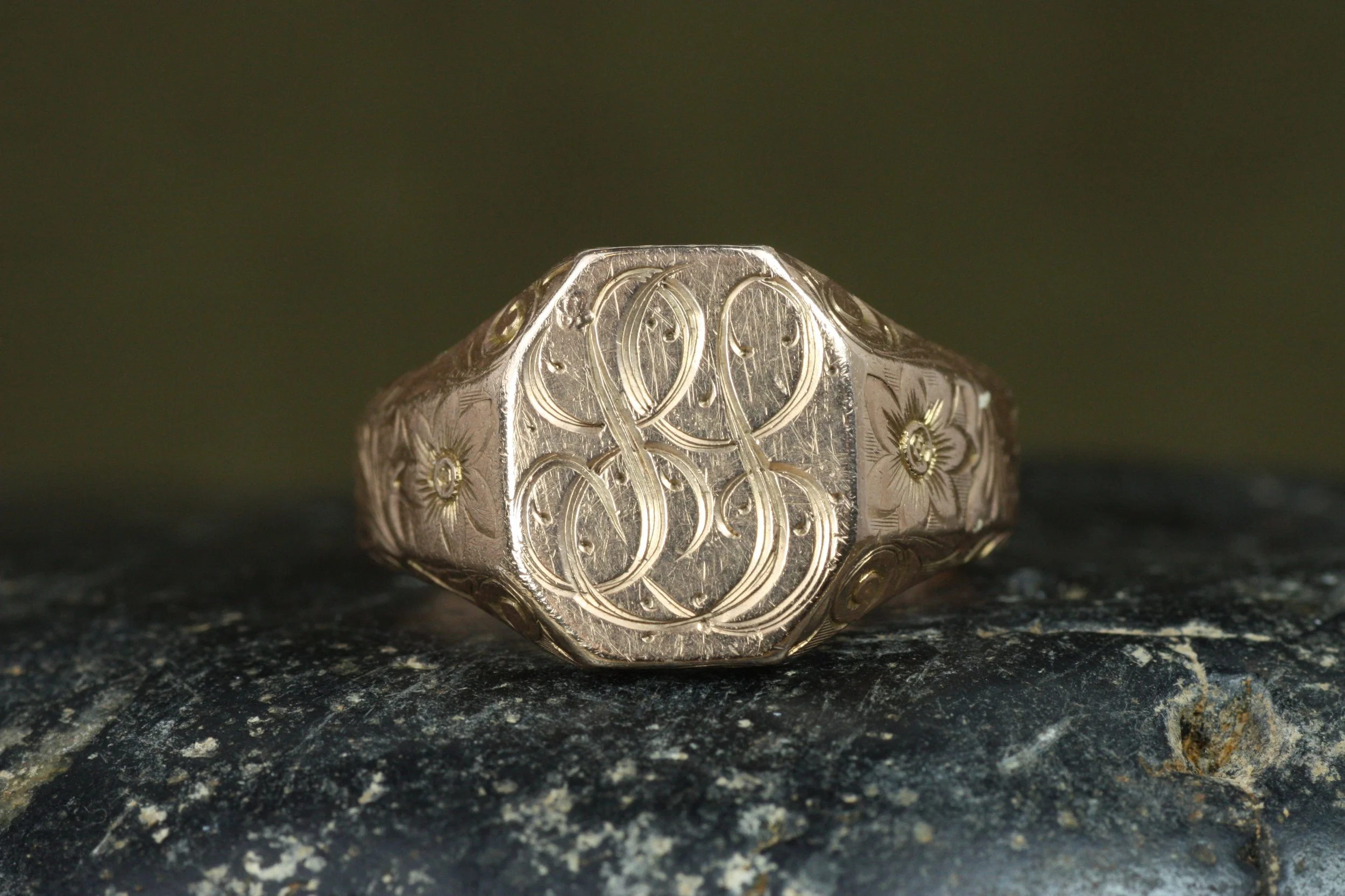 Antique Engraved Rose Gold Signet Ring