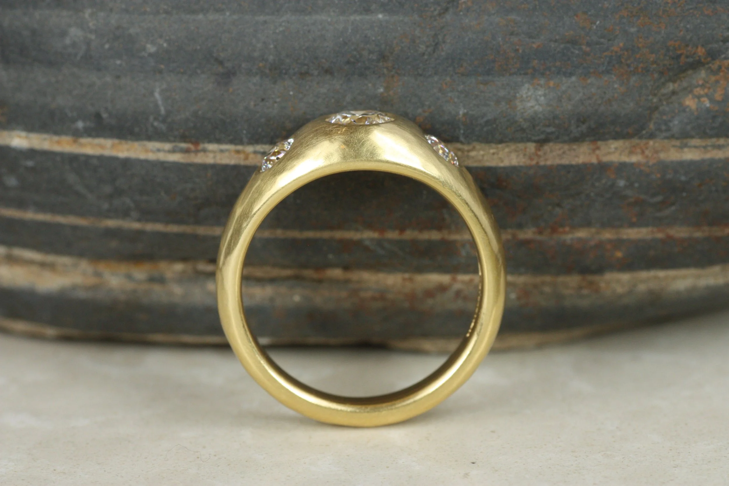 antique old mine cut diamond three-stone gypsy engagement ring