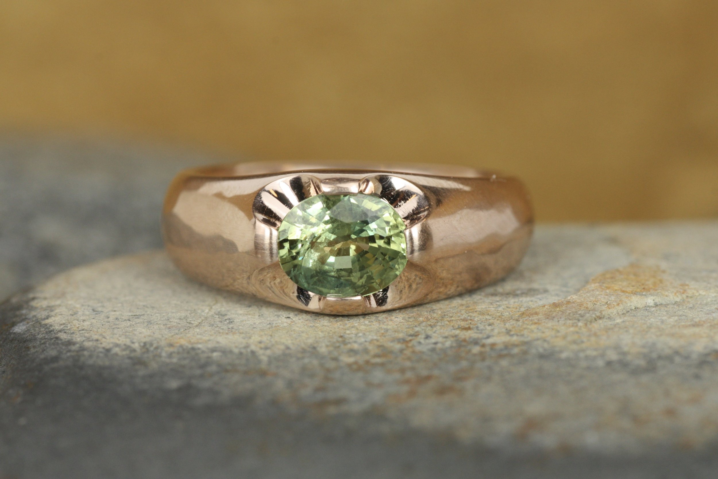 Green Sapphire Rose Gold Tapered Belcher Ring