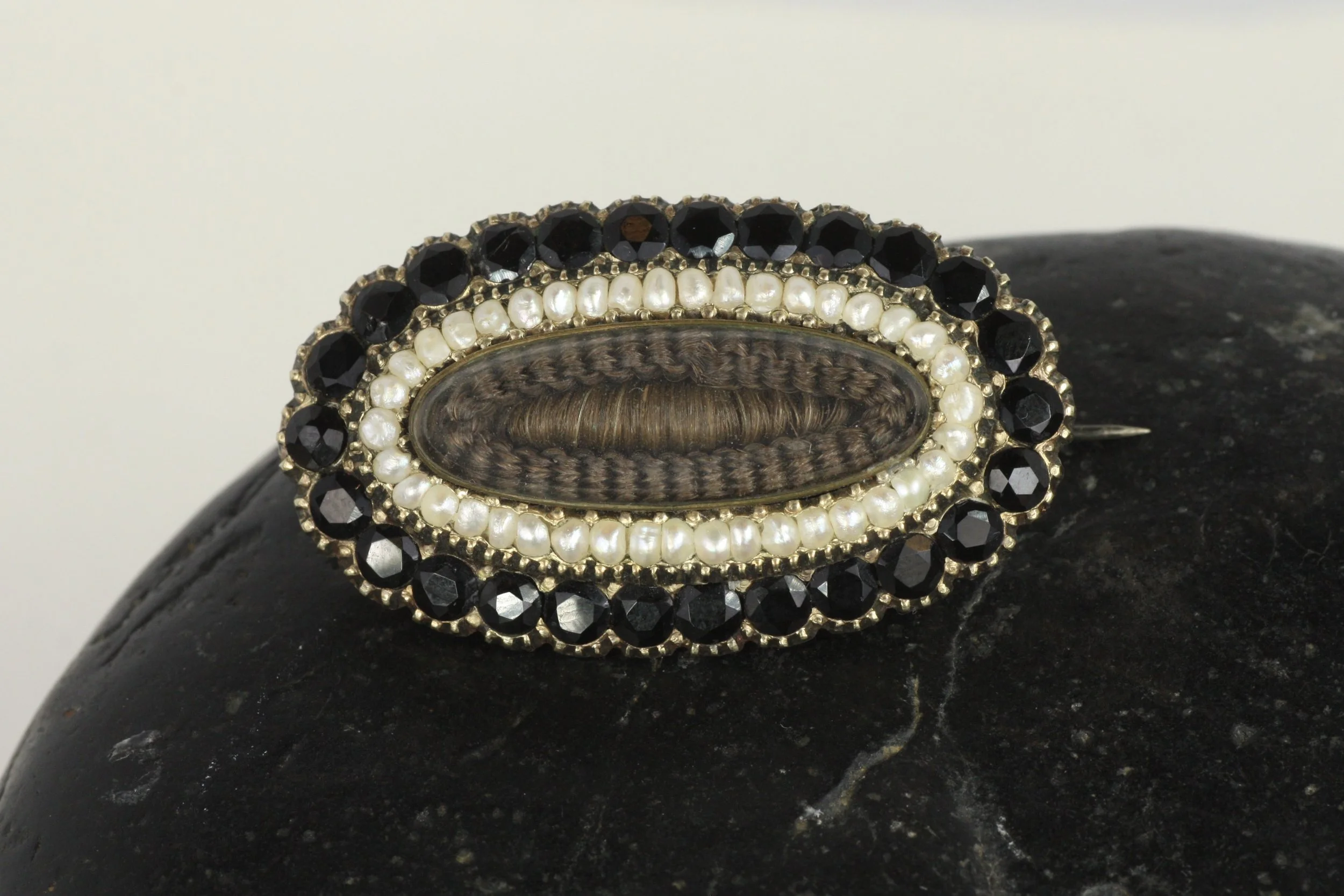 Antique Onyx and Sea Pearl Mourning Brooch