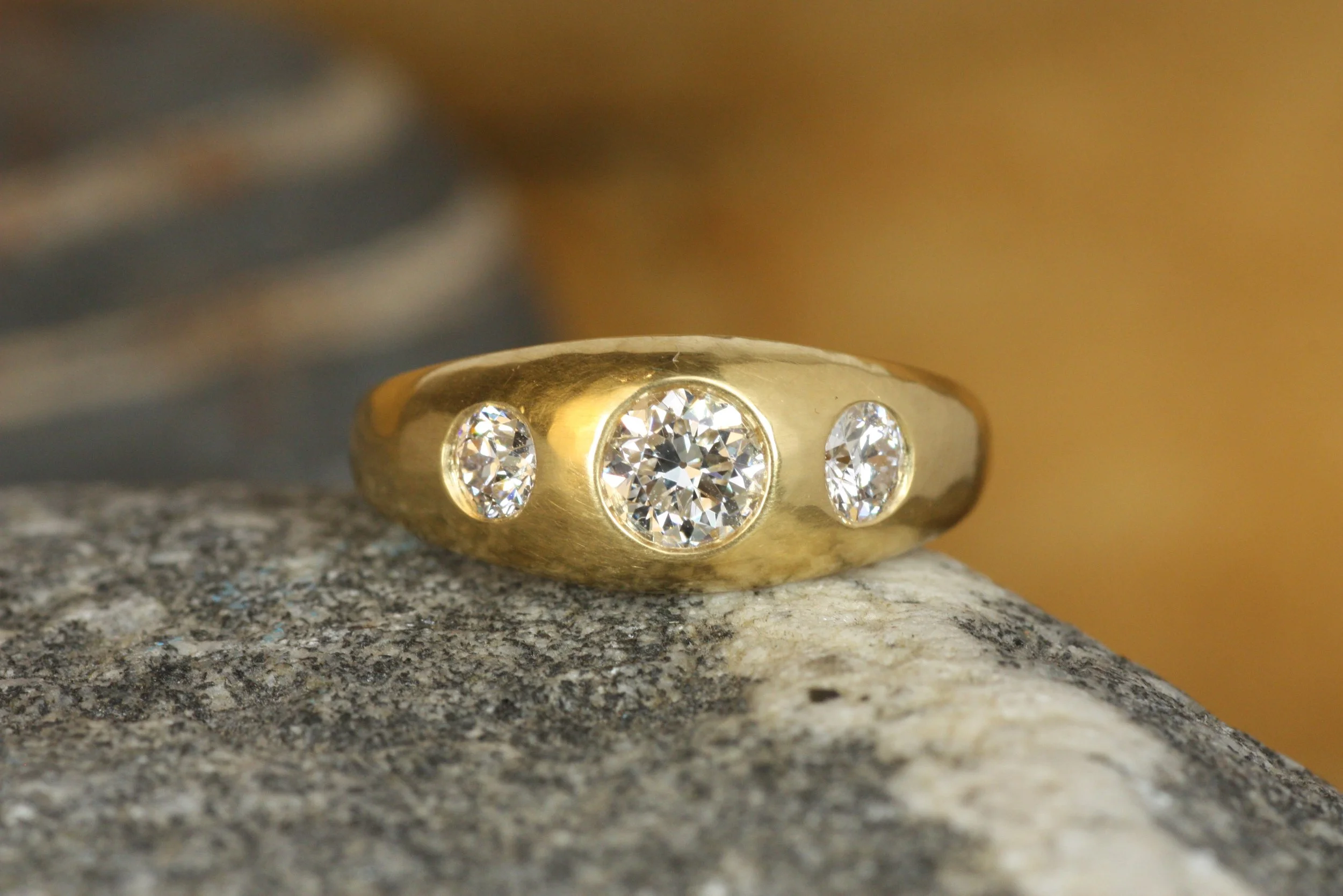 Old Mine Cut Diamond Three-Stone Gypsy Ring