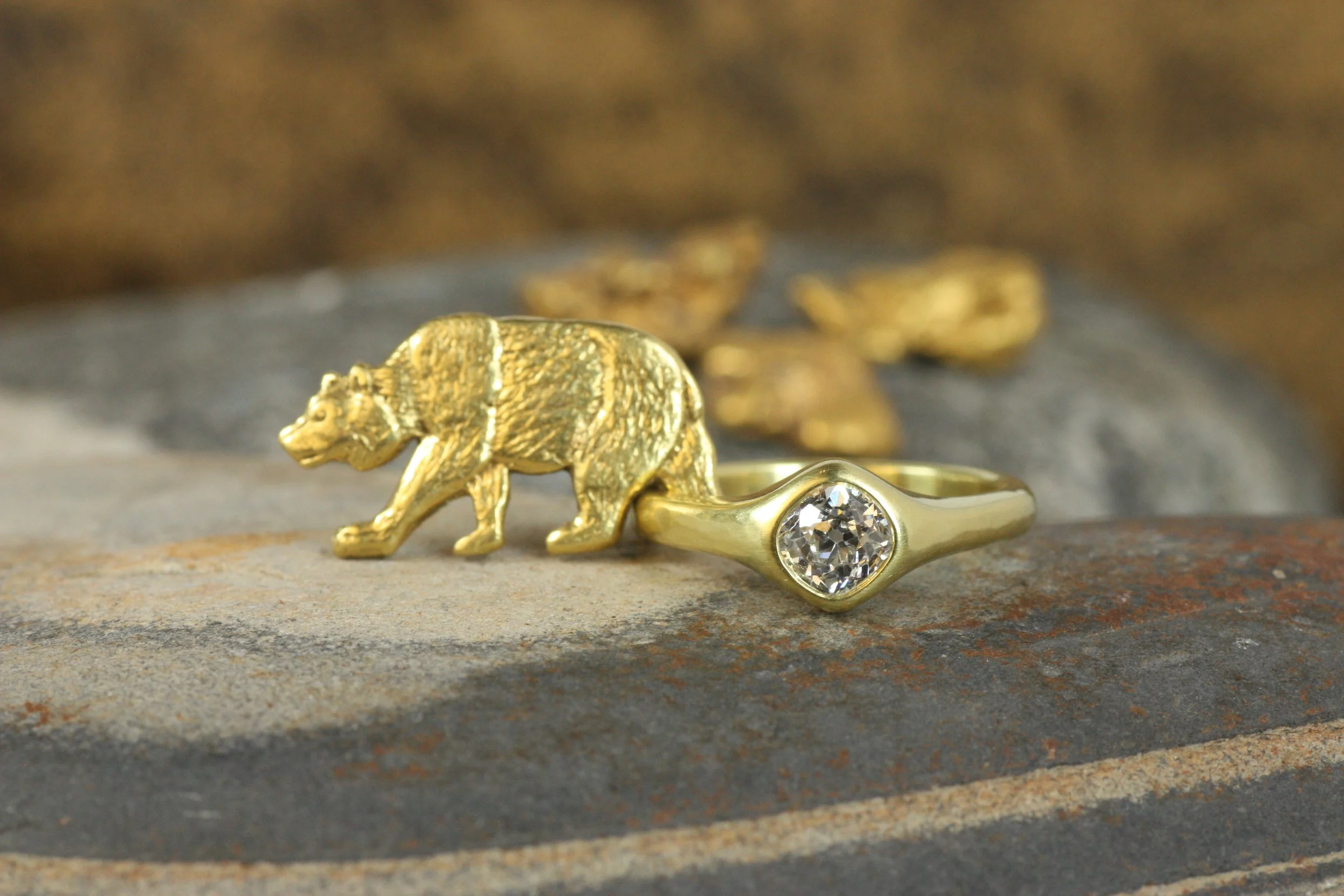 antique old mine cut diamond engagement ring with California grizzly bear