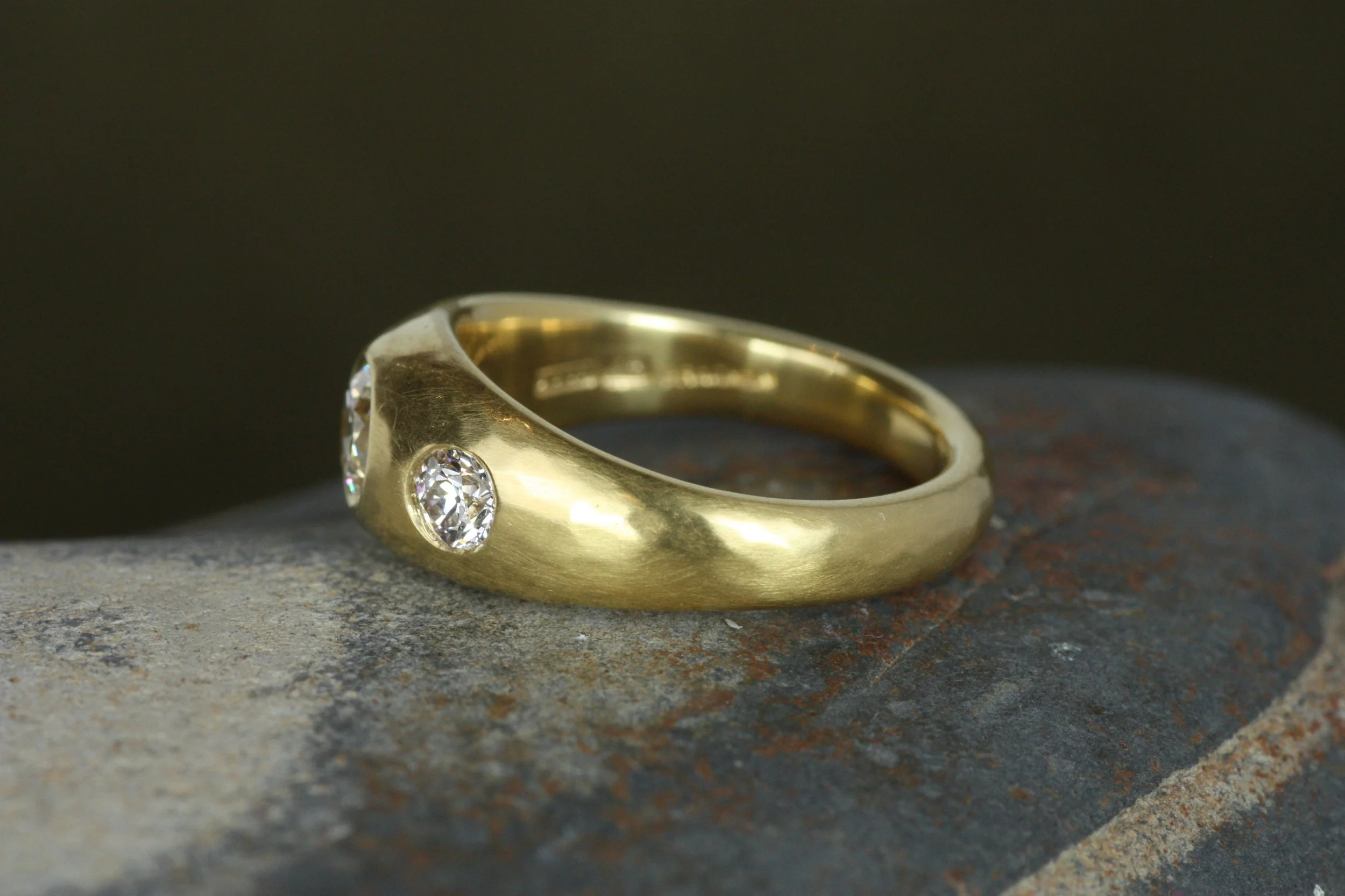 antique old mine cut diamond three-stone gypsy engagement ring