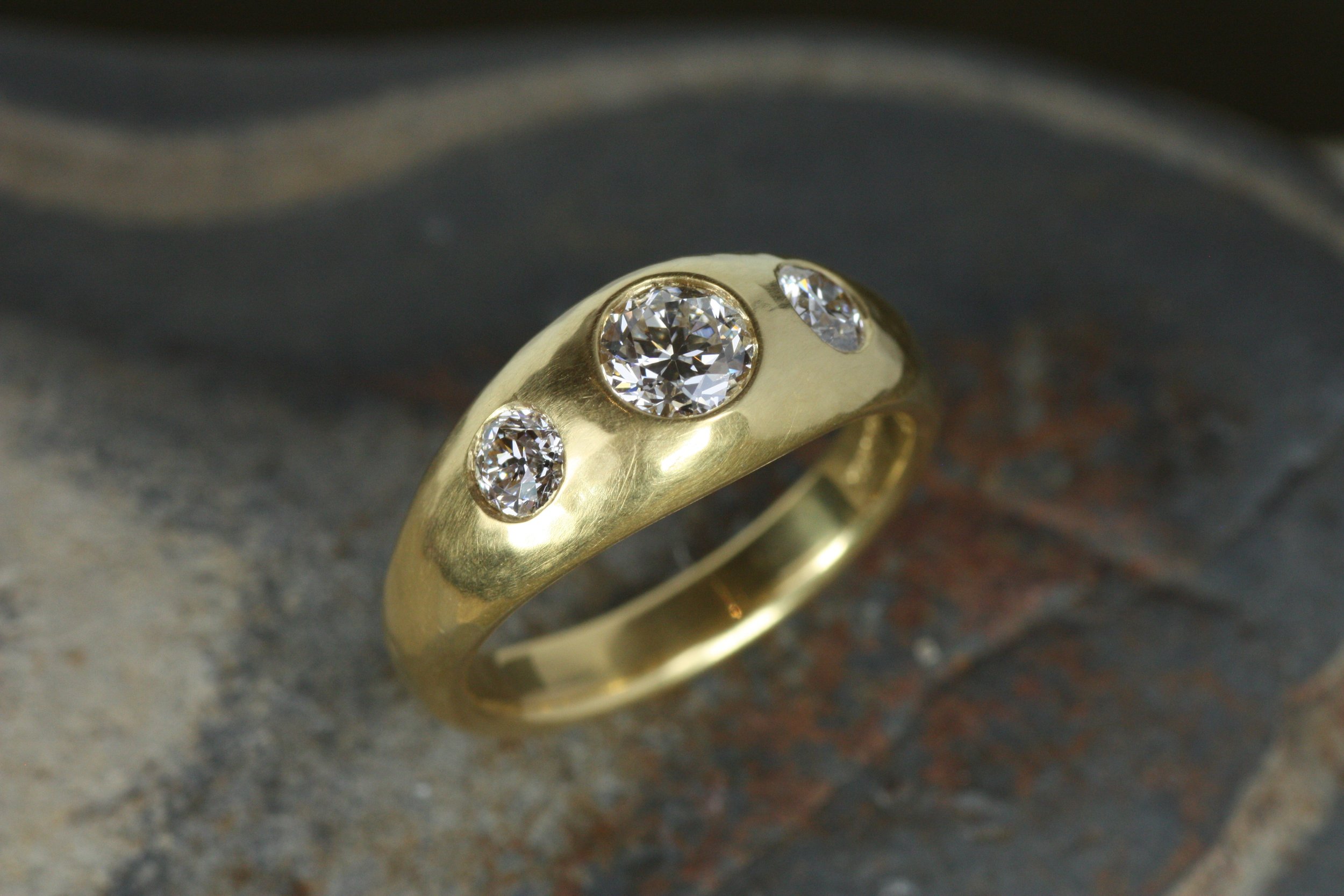 antique old mine cut diamond three-stone gypsy engagement ring