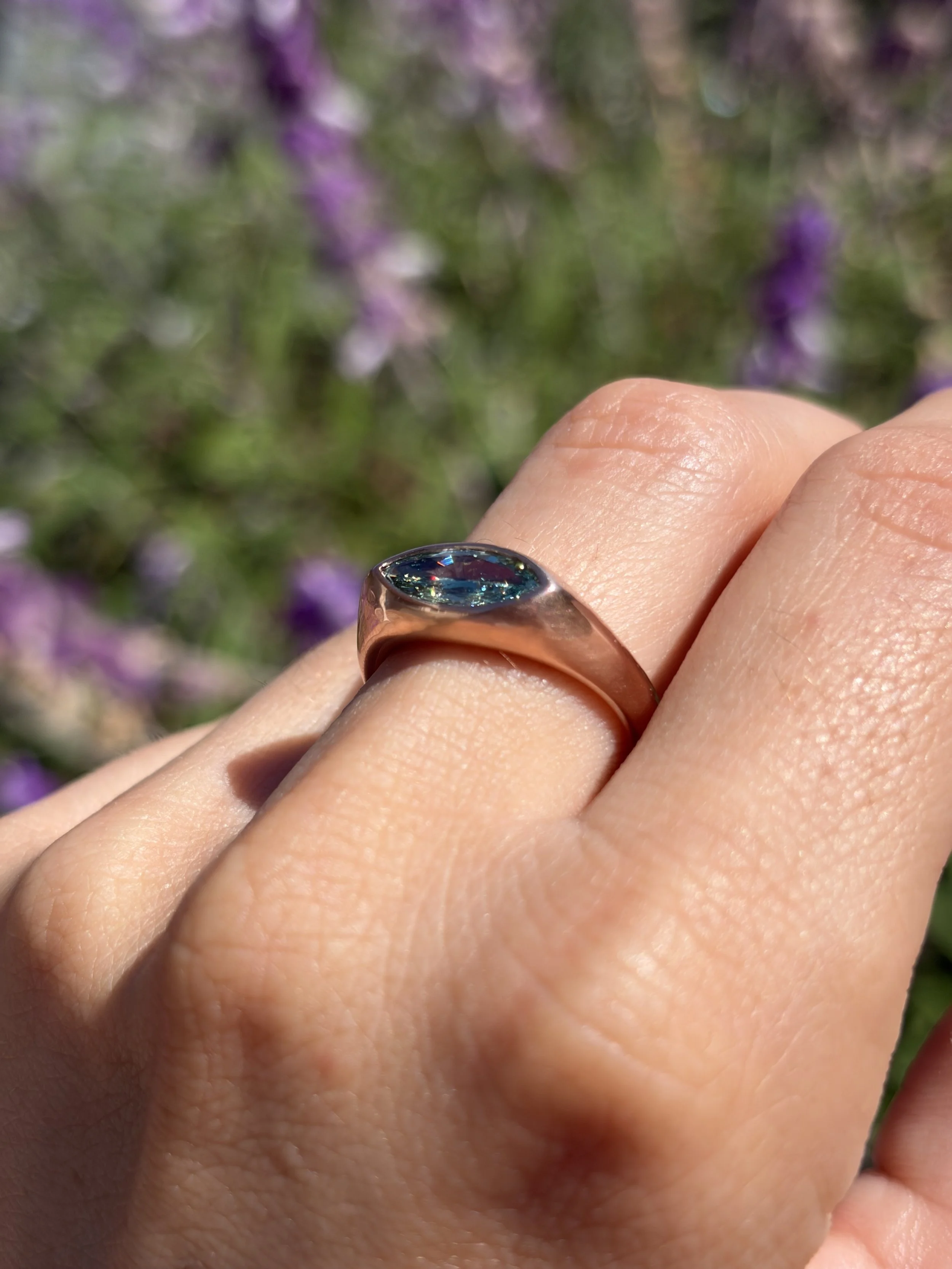 Blue Marquise Diamond Gypsy Ring in 14K Rose Gold