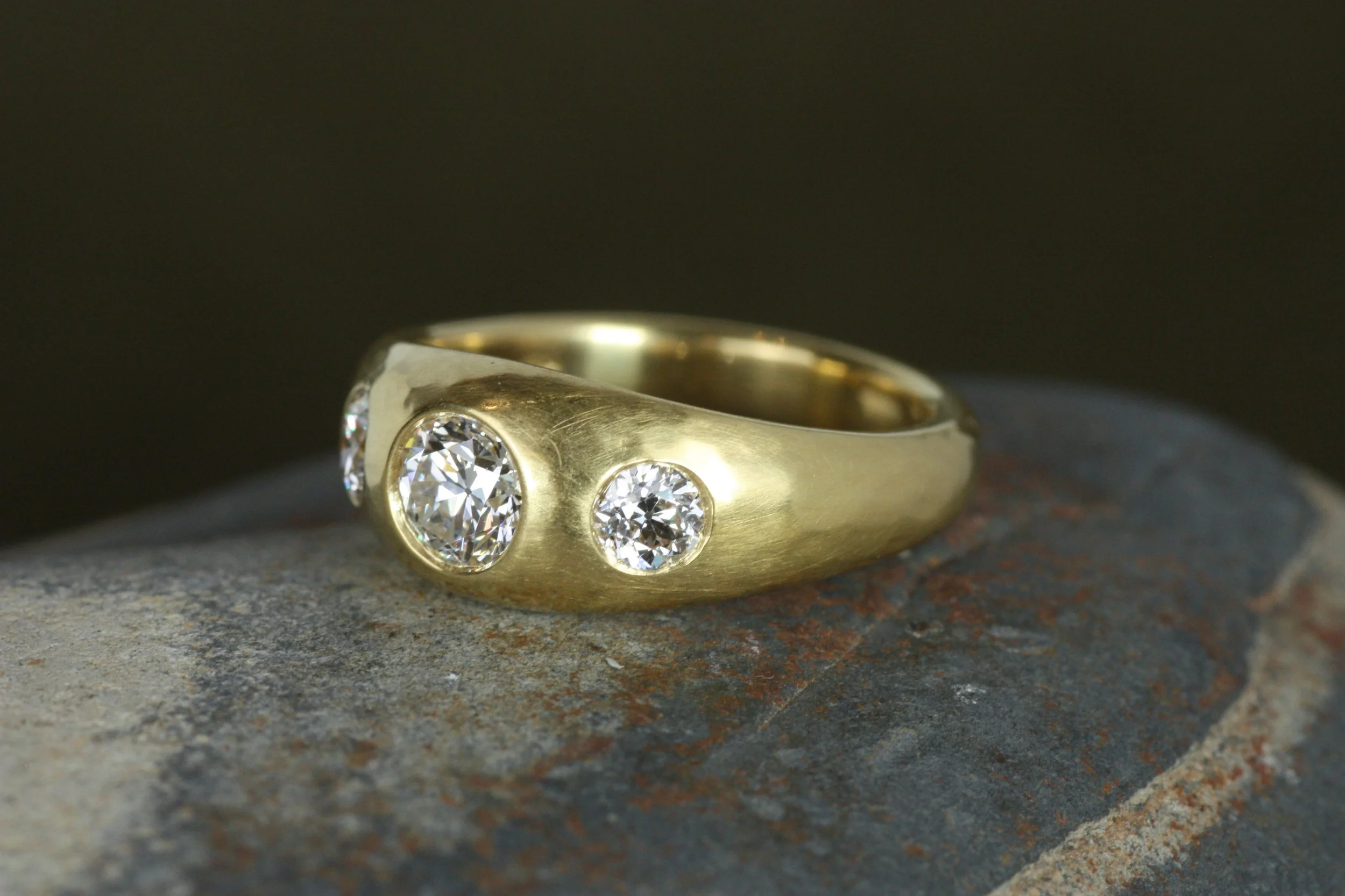 antique old mine cut diamond three-stone gypsy engagement ring