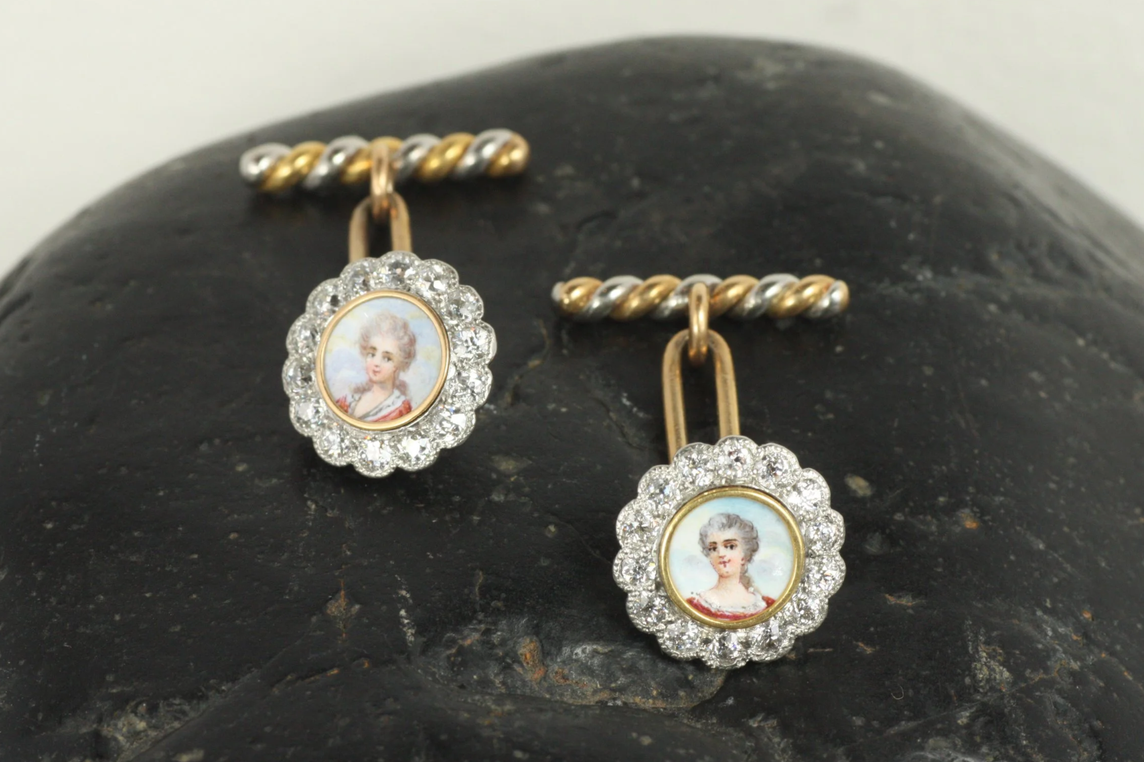 Antique Limoges Enamel Portrait Diamond Cuff Links