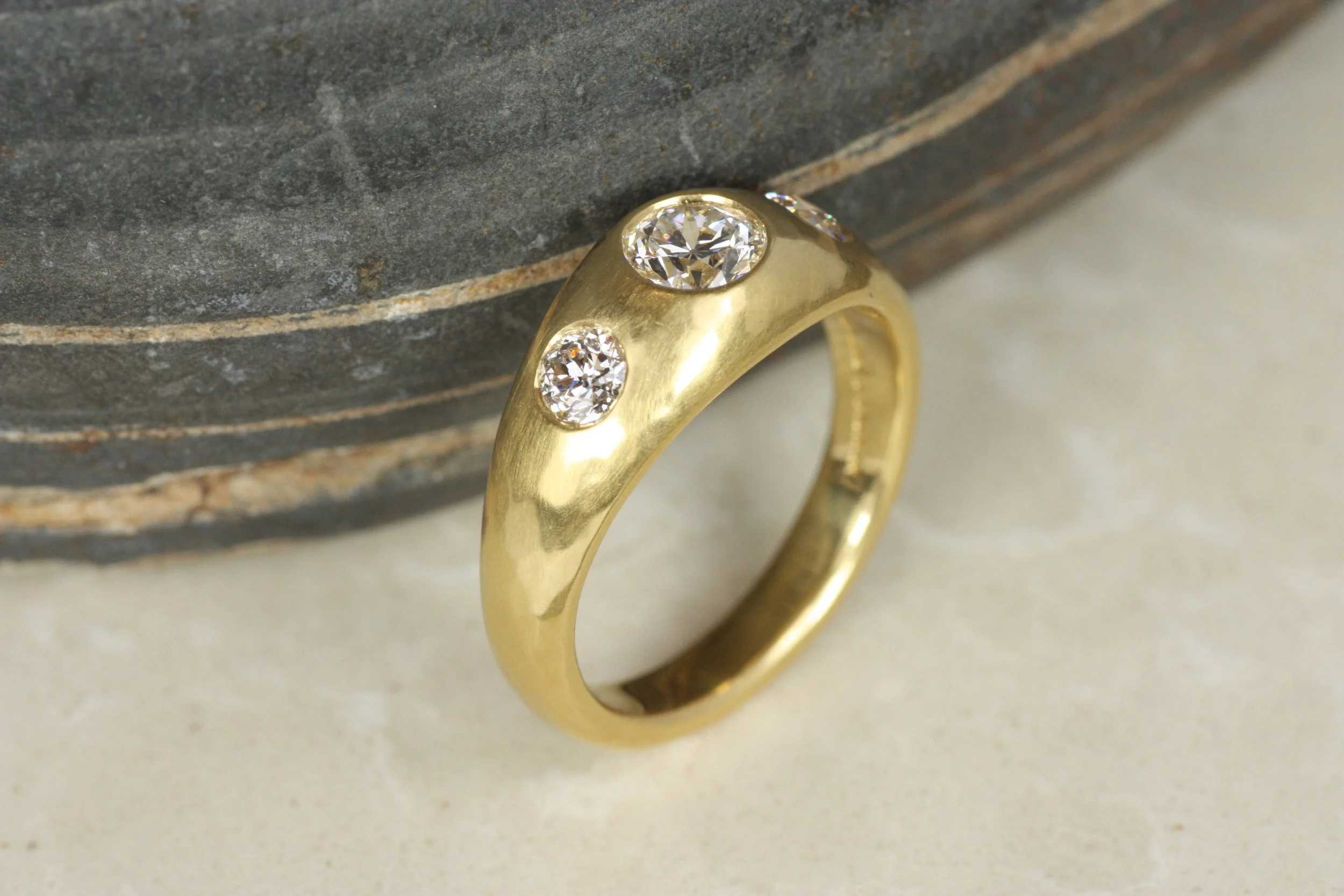 antique old mine cut diamond three-stone gypsy engagement ring