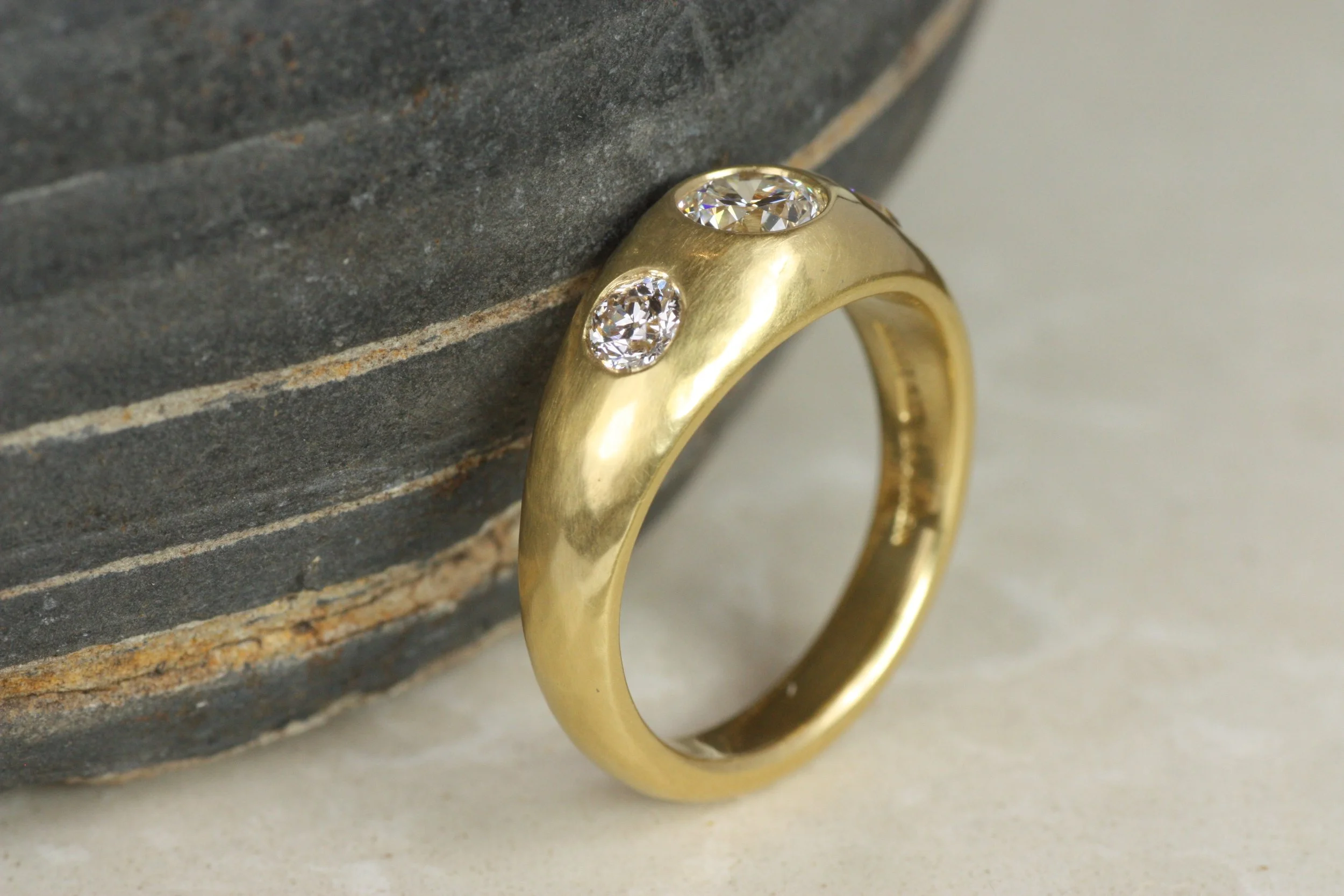 antique old mine cut diamond three-stone gypsy engagement ring