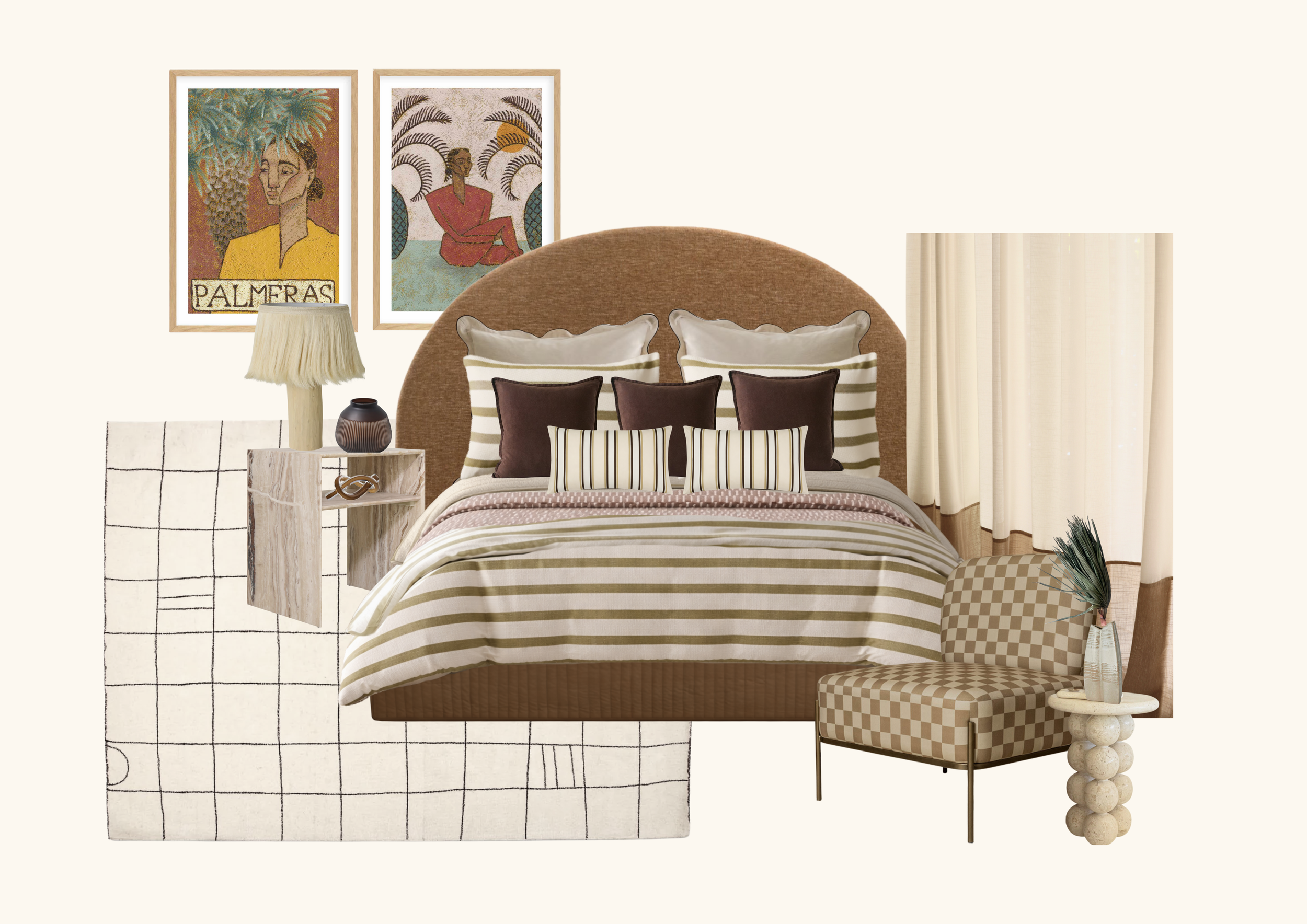 A bedroom with a bed that has a rounded brown headboard, striped pillows, and neutral bedding. To the left, a nightstand with a beige lamp and decorative objects. Two framed artworks hang above the bed. There's a checkered accent chair and a small round table with a glass vase holding greenery. Light-colored curtains cover the window.