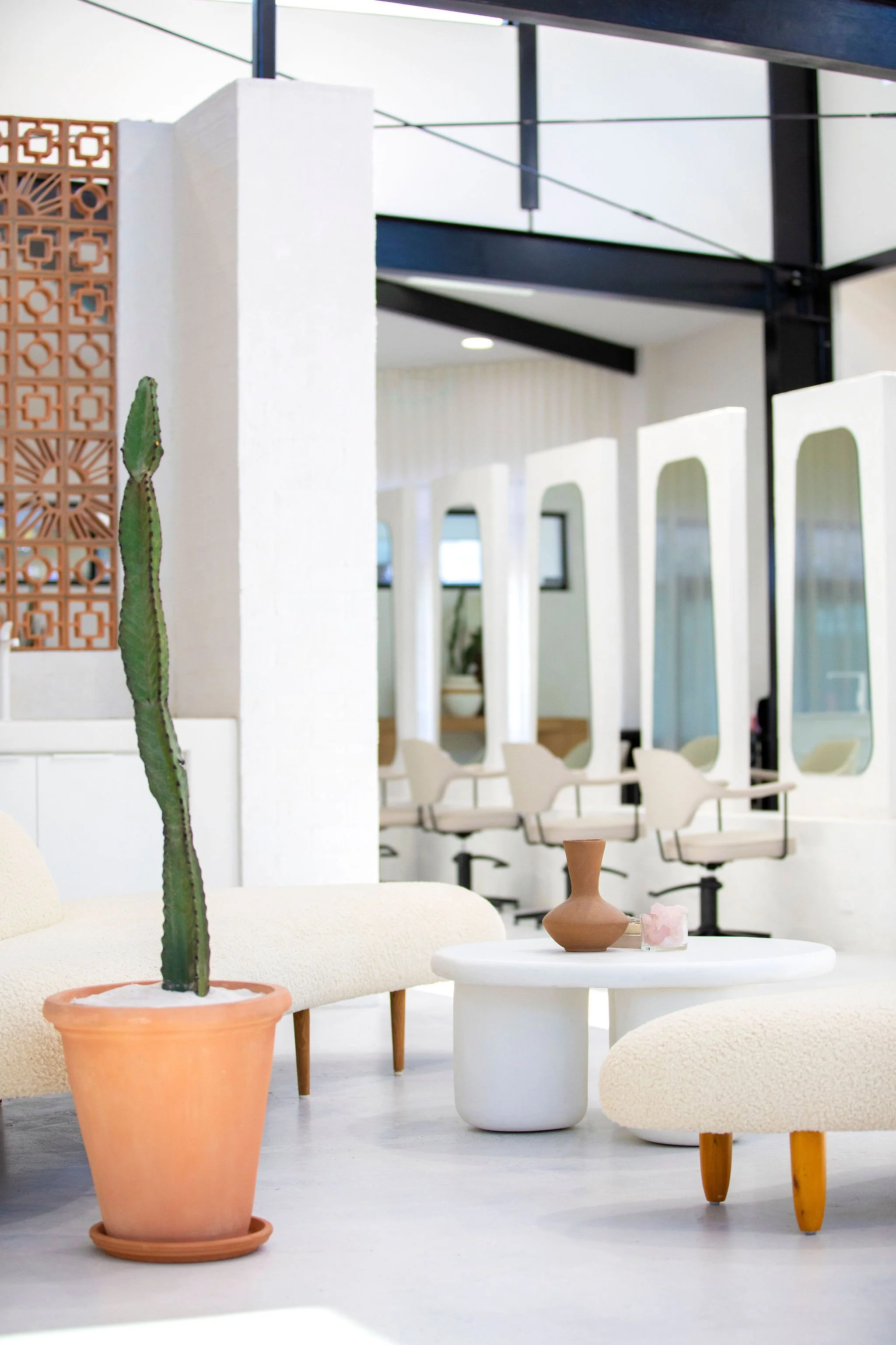 Interior of a modern, bright space with white furniture, a large cactus in a terracotta pot, and a white side table with a small vase and decorative item. In the background, white chairs with rounded backs and mirrors are visible.