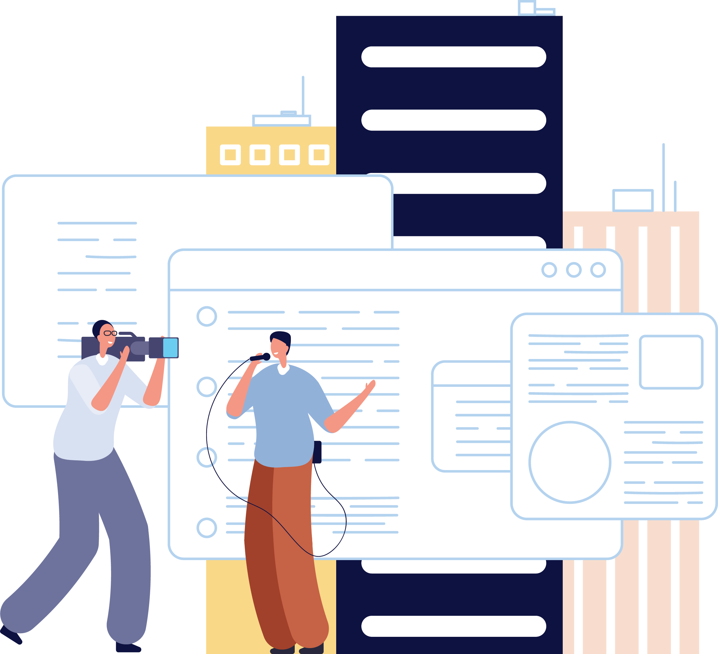 Illustration of two people with microphones and cameras, surrounded by large web pages and building icons, representing media, communication, or online content creation.