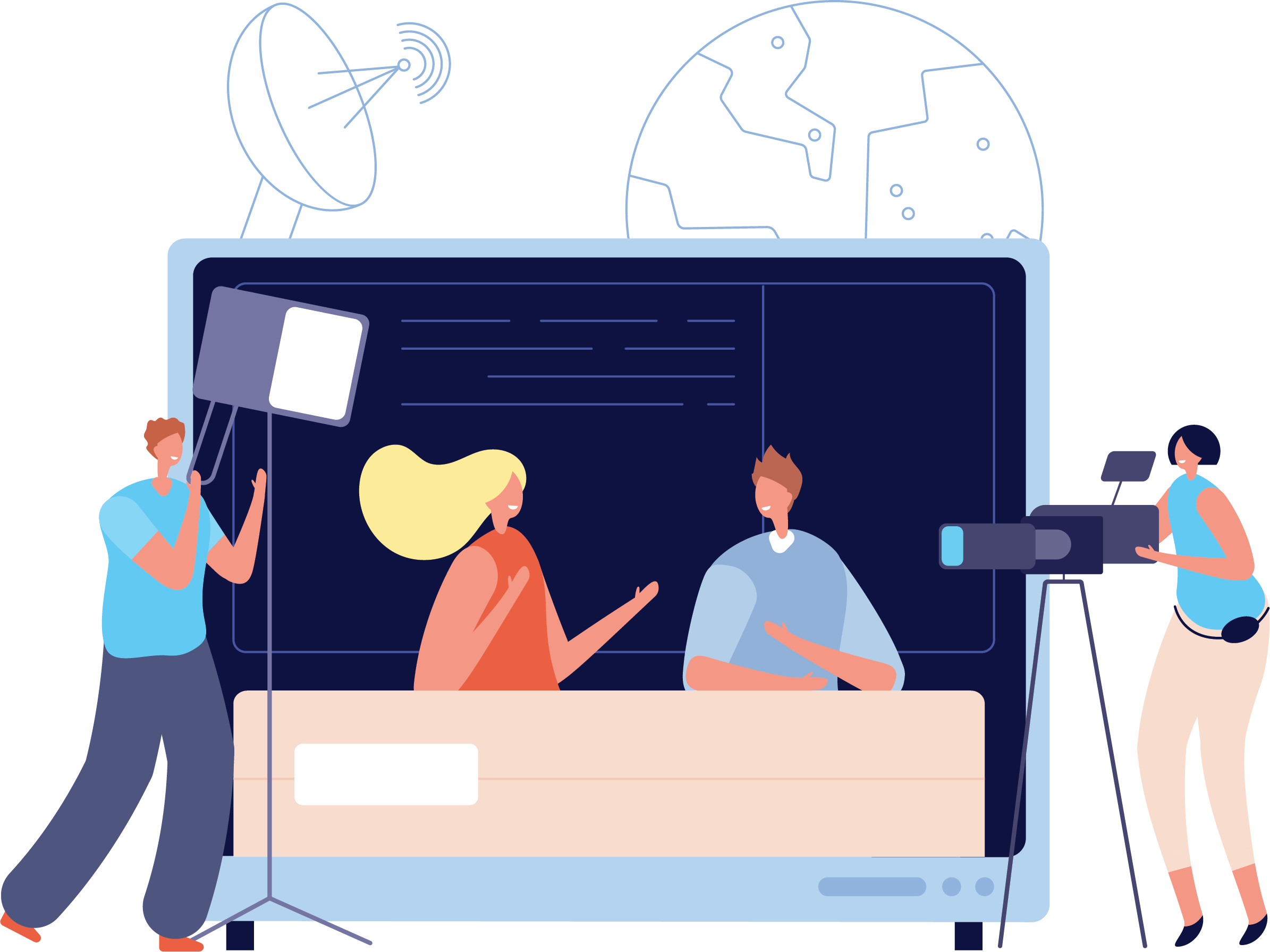 Illustration of a news broadcast about space exploration, featuring a news anchor and a guest in a studio with a large screen, satellite dish, and space-related graphics including Earth and a spacecraft.