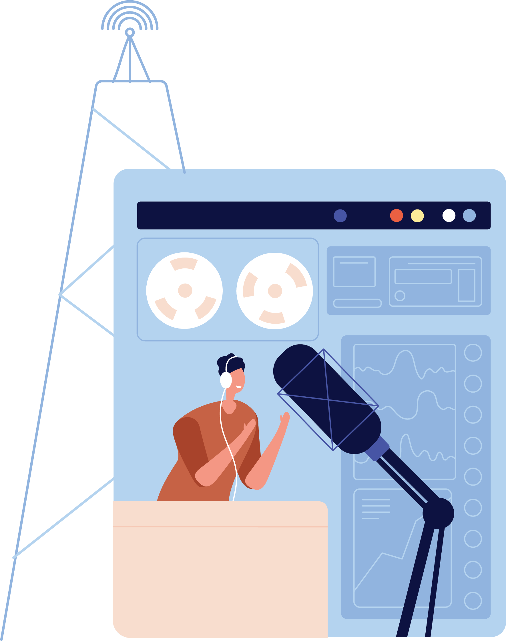 A person with headphones and a microphone sits behind a desk, engaging in a podcast recording with a smartphone on a stand, in front of a large sound mixing console.