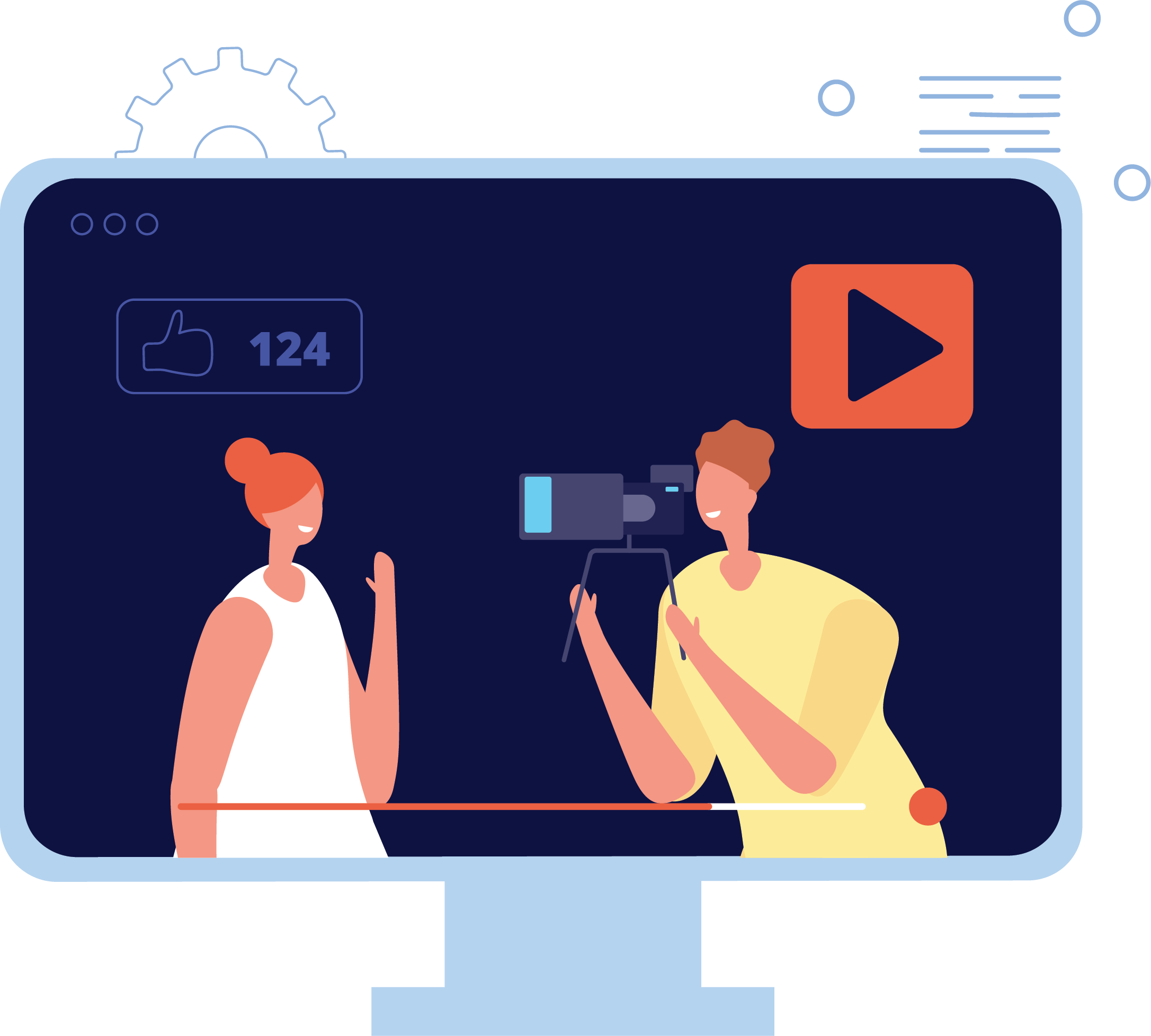Illustration of a video recording with two people, a woman with a bun and a man with brief hair, in front of a computer screen. The woman is smiling and raising her hand, while the man is holding a camera. There are social media icons, including a thumbs up with 124 likes, and a large play button on the screen.