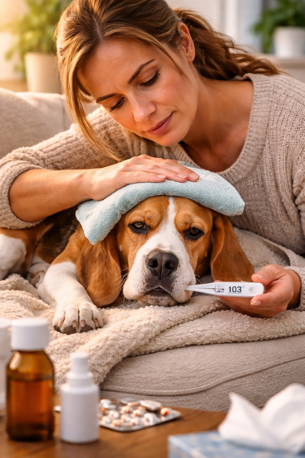 a woman caring for a sick dog