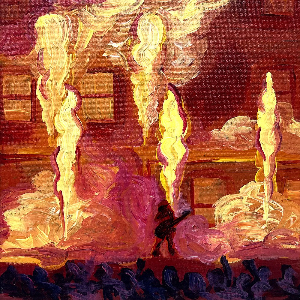 Emma Rarick. "Eruption," 2025, acrylic on canvas,  8x8". 