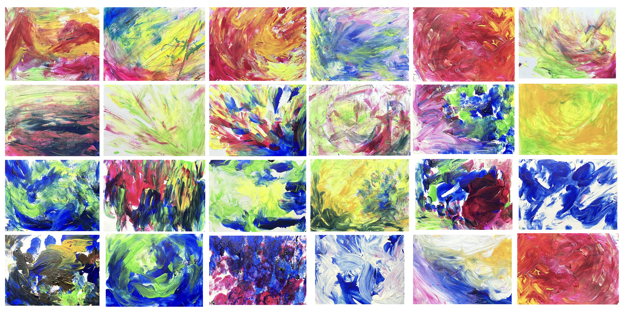 Emma Rarick, “Blind Painting,” August 2026, acrylic on bristol paper, 2.5 x 3.5” each.