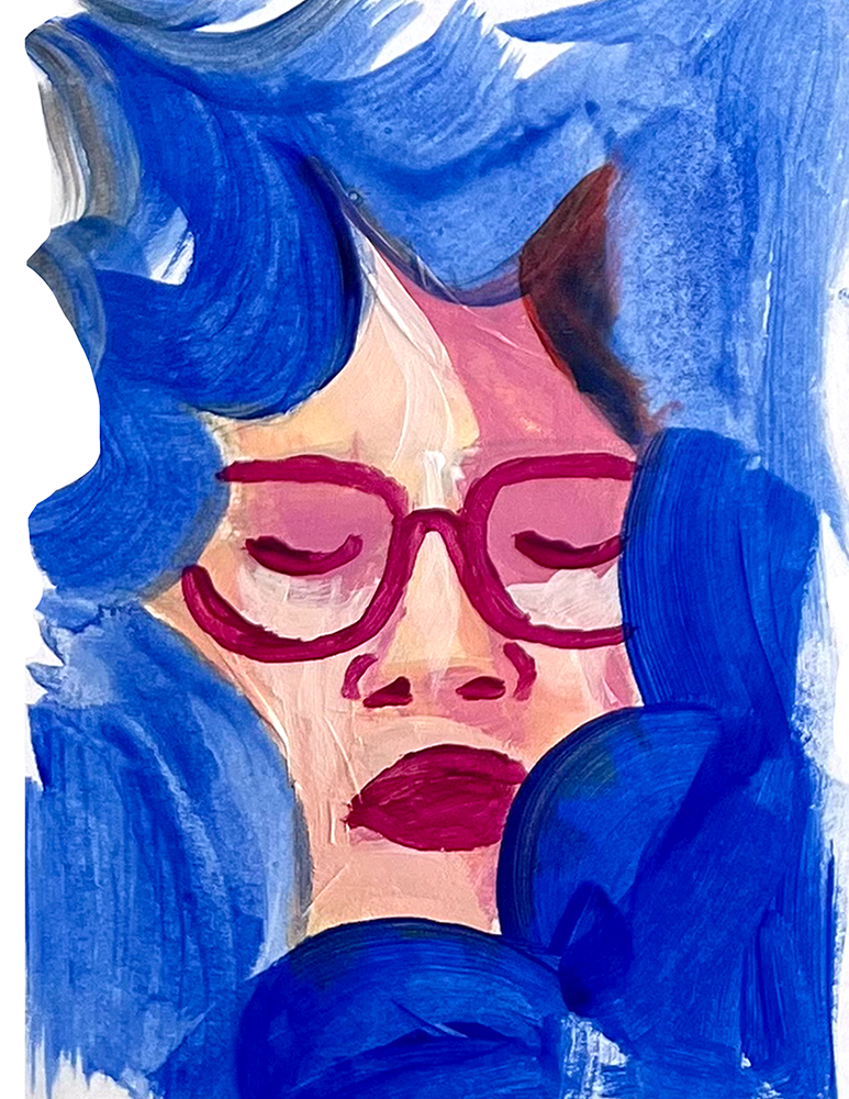 An abstract painting of a woman with blue hair, pink glasses, and bold red lips, with her eyes closed.