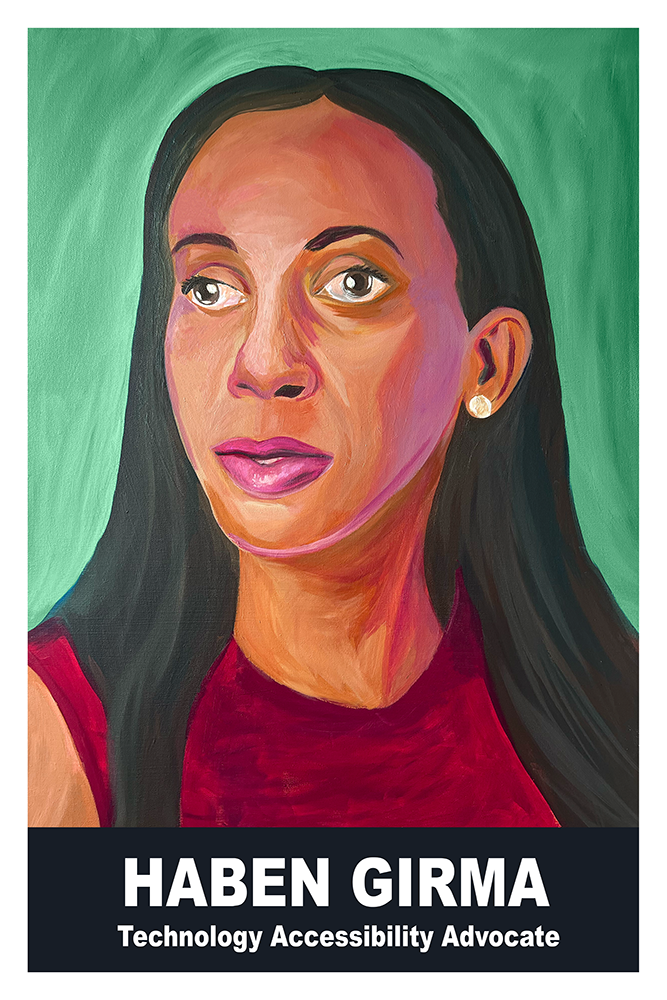 Realistic painting of Haben Girma. Young Black woman with long dark hair wearing a red shirt smiles to the left in front of a green background.