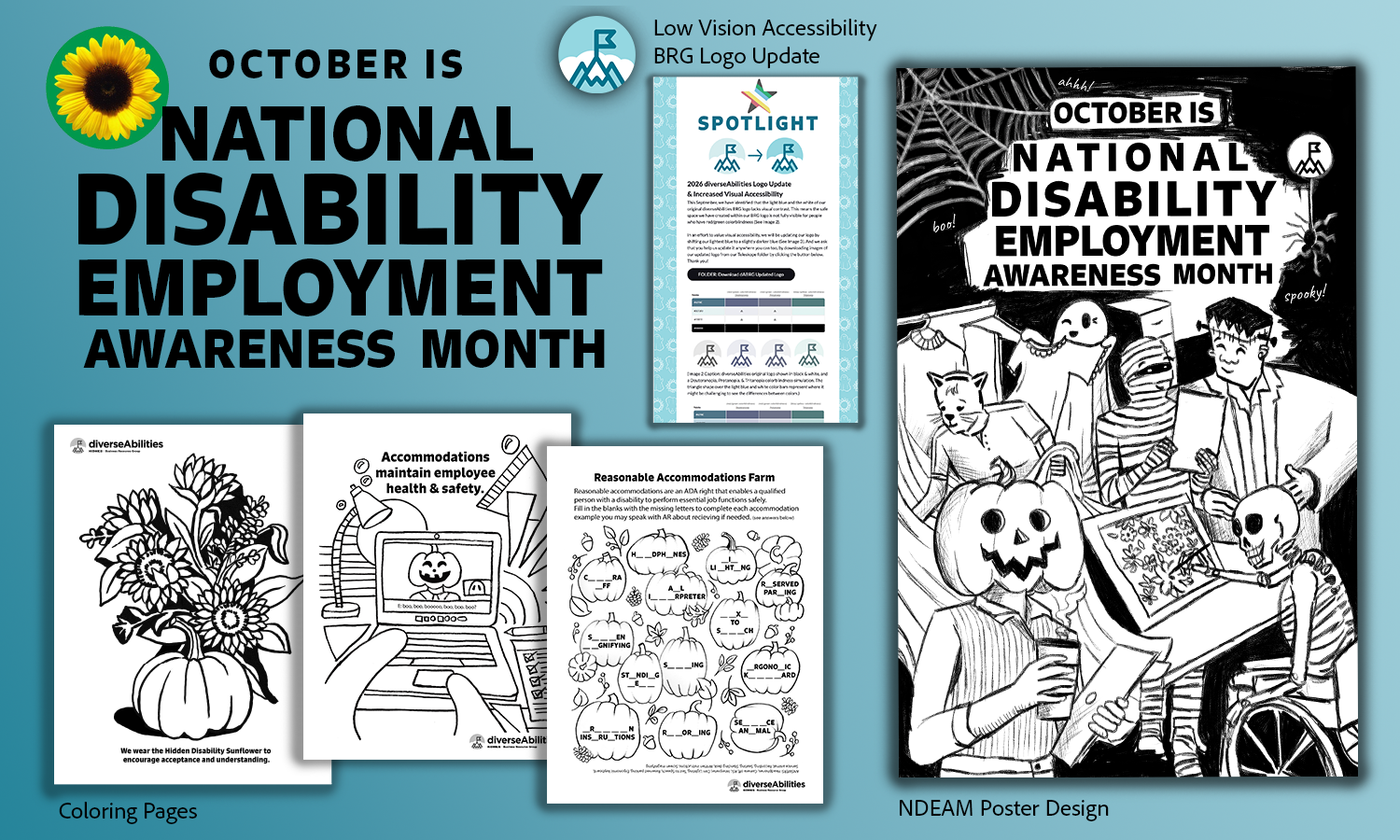 Kohl's diverseAbilities BRG x Emma Rarick. "National Disability Employment Awareness Month Celebration Kit," 2026, ink drawings  & digital illustrations. 