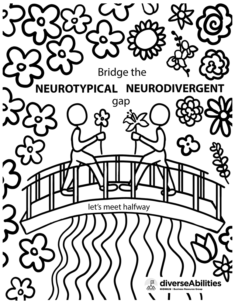 Emma Rarick. "Neurodiversity Awareness Month Coloring Page," March 2026, digital illustration, 8.5x11". Created for Kohl's diverseAbilities BRG.