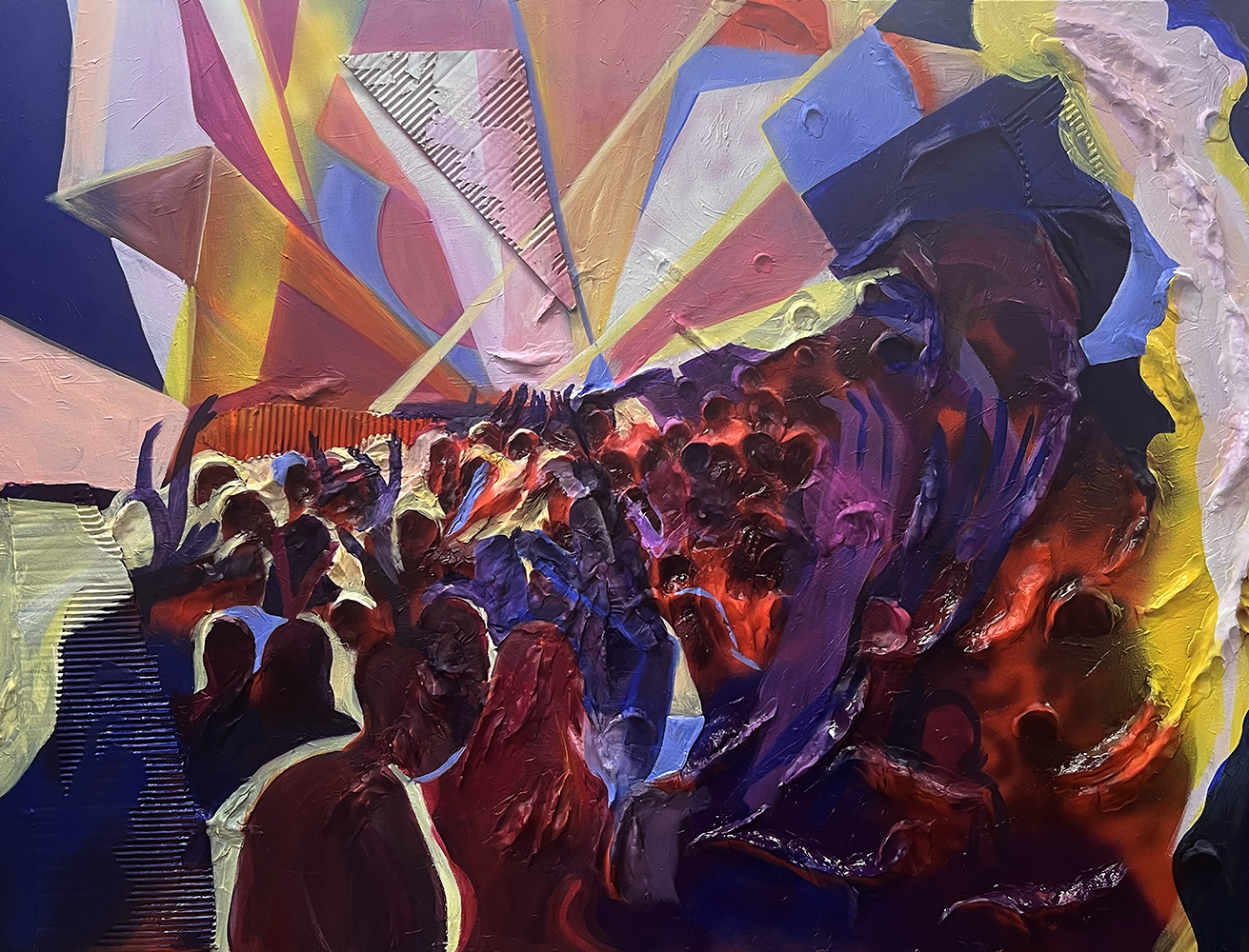 Emma Rarick. “The 3Dimensionality of Sound,” August 2026, acrylic, spray paint, clay, cardboard on canvas