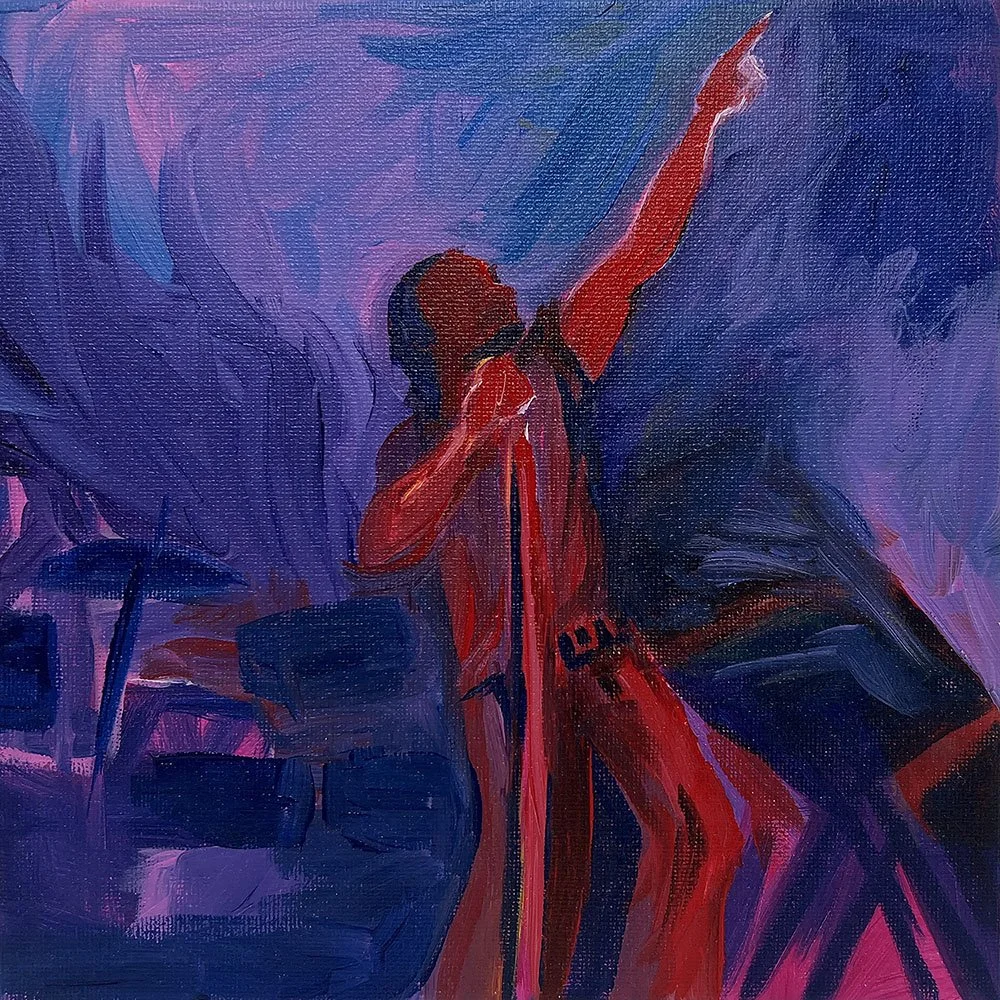 Red, purple, blue visualization of sound painting. Red singer dominates the purple and blue environment.