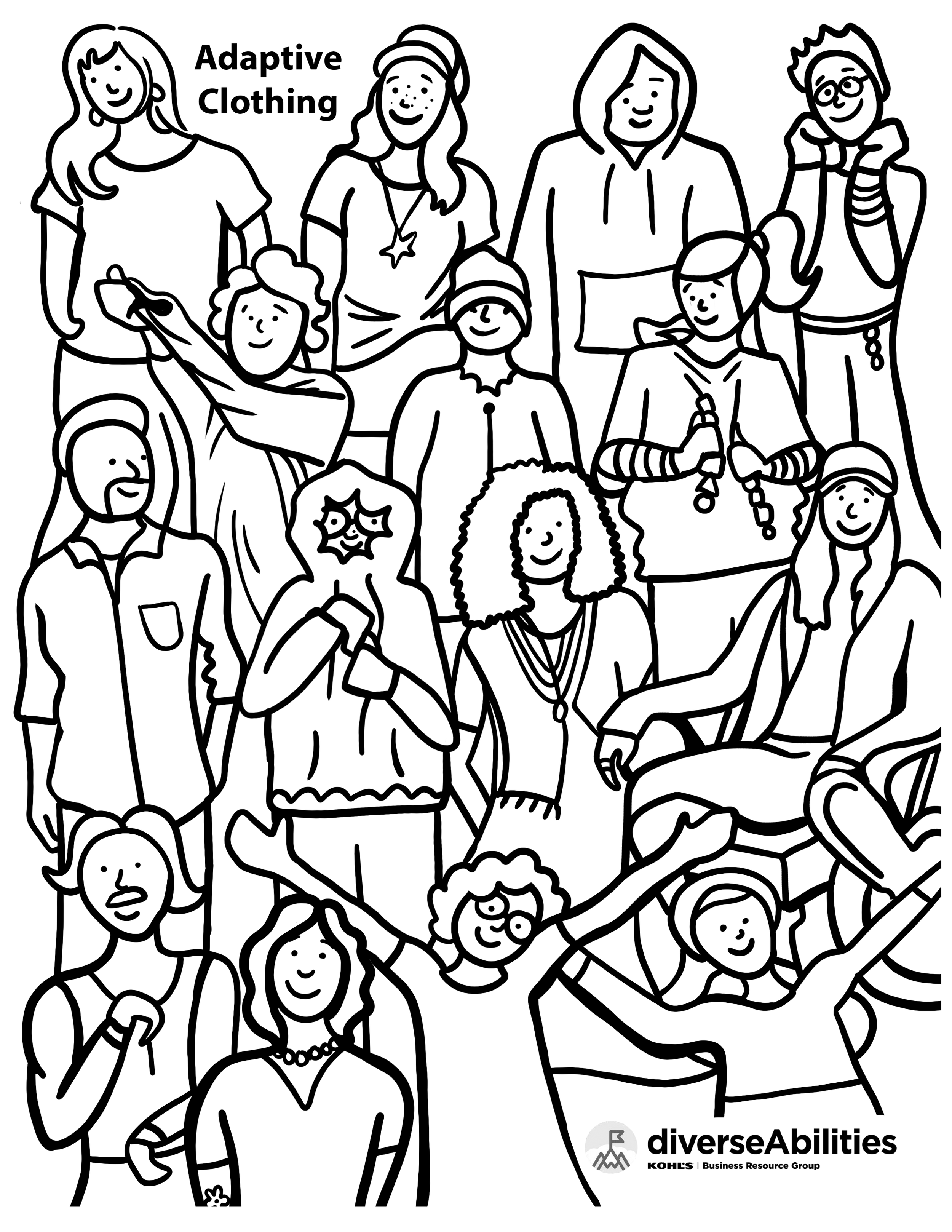 Illustrated coloring Page to bring awareness to the need for adaptive clothing. Adaptive clothing can help neurodivergent people feel more comfortable in their own bodies.