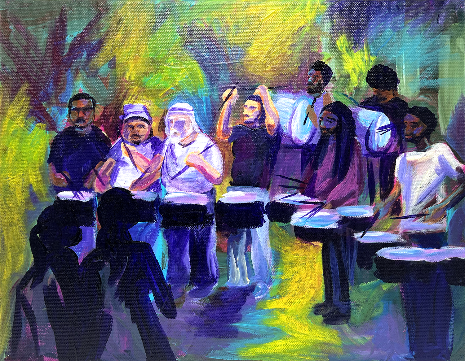 Yellow, green, blue, and purple visualization of sound painting. 8 drummers bring the MKE community together with their uplifting musical skills. Silhouettes of 2 audience members are also shown.
