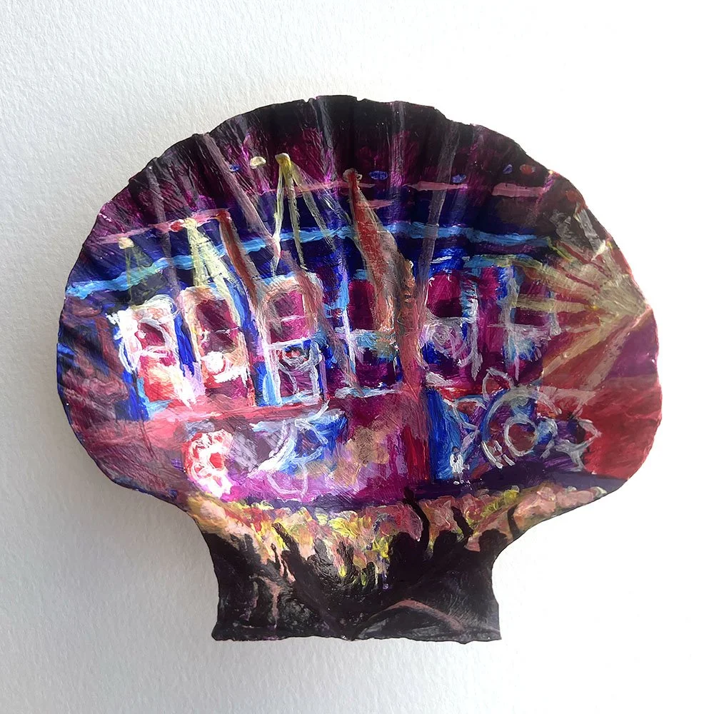 Emma Rarick. "A Calming Scene," January 2026, acrylic on seashell.
