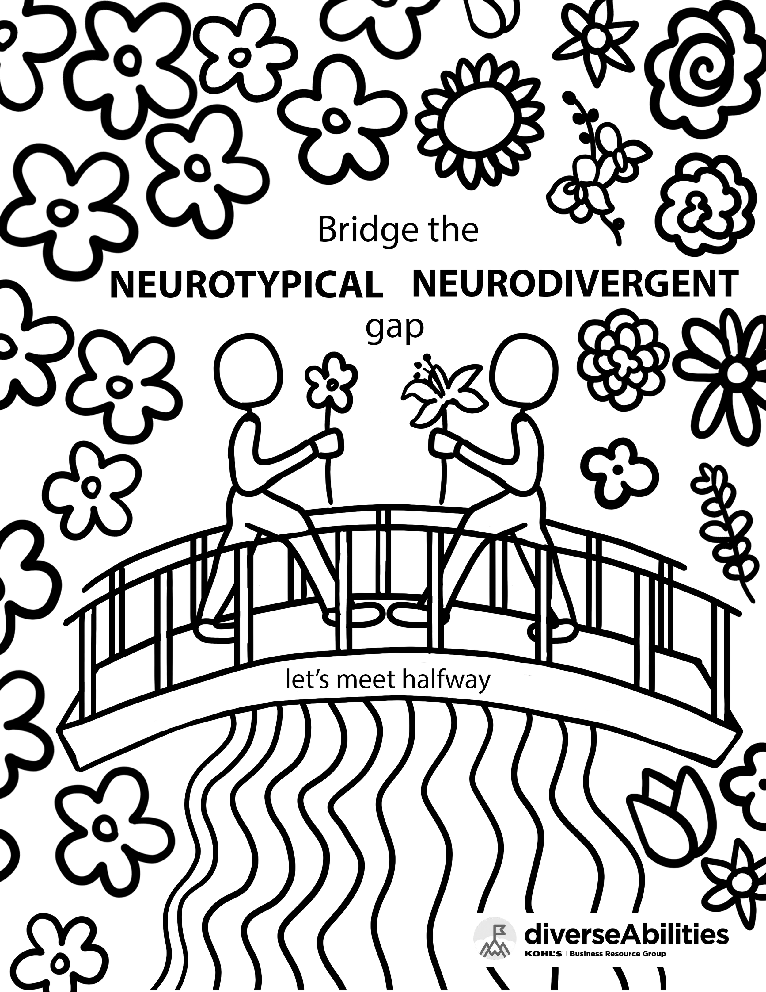 Coloring Page illustrated to encourage neurotypical and neurodivergent thinkers to meet halfway across their skill gap.