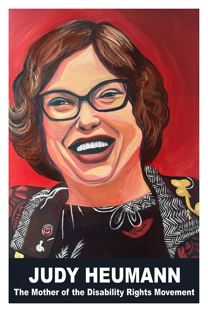 Realistic painting of Judy Heumann. White woman with short brown hair wearing a black, white, red, and yellow patterned shirt smiles in front of a red background.