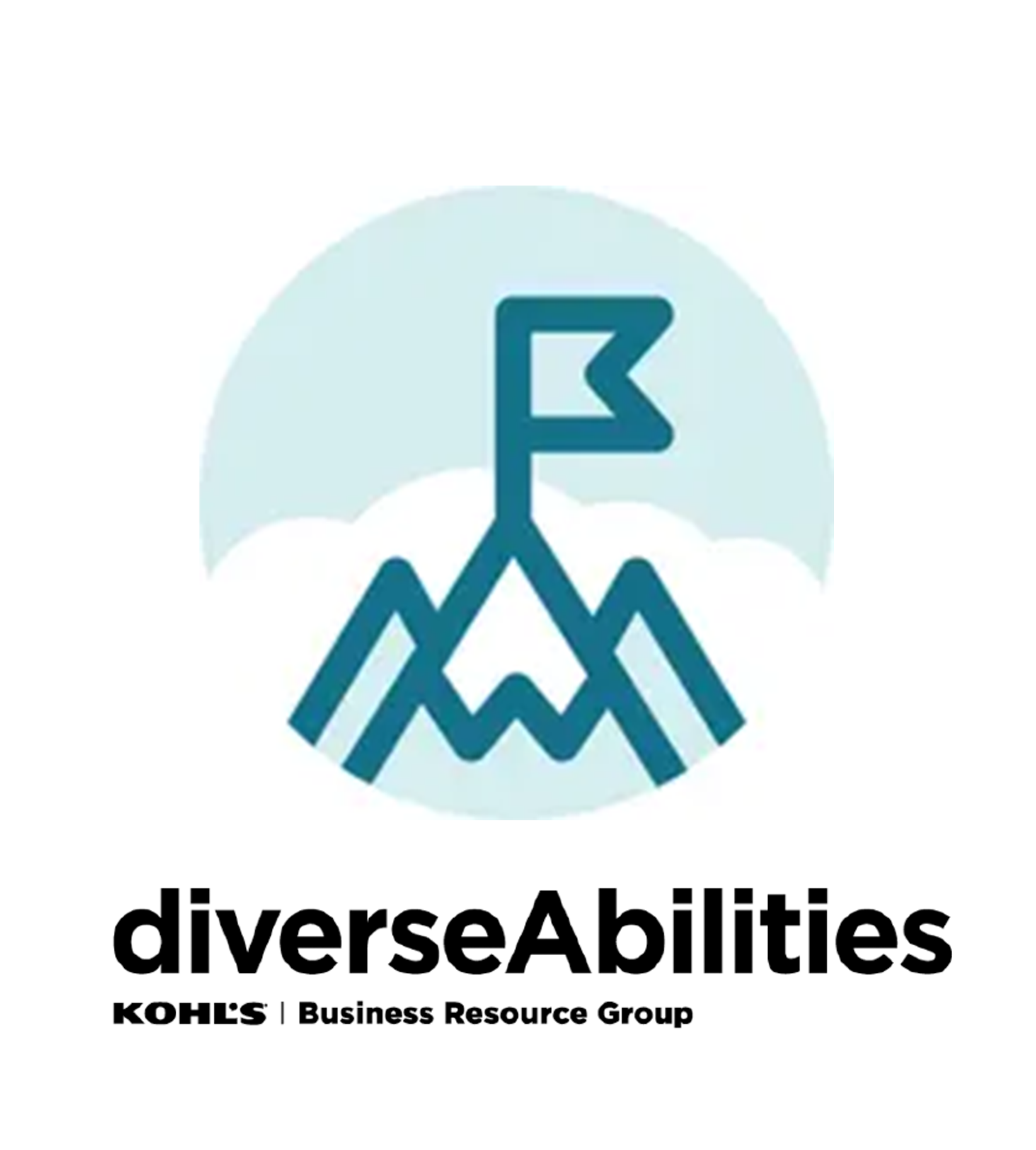 Kohl's diverse Abilities buisness resource group logo. The logo is a sky blue mountain with a flag on top of it in a sky blue circle with white clouds behind the mountain.
