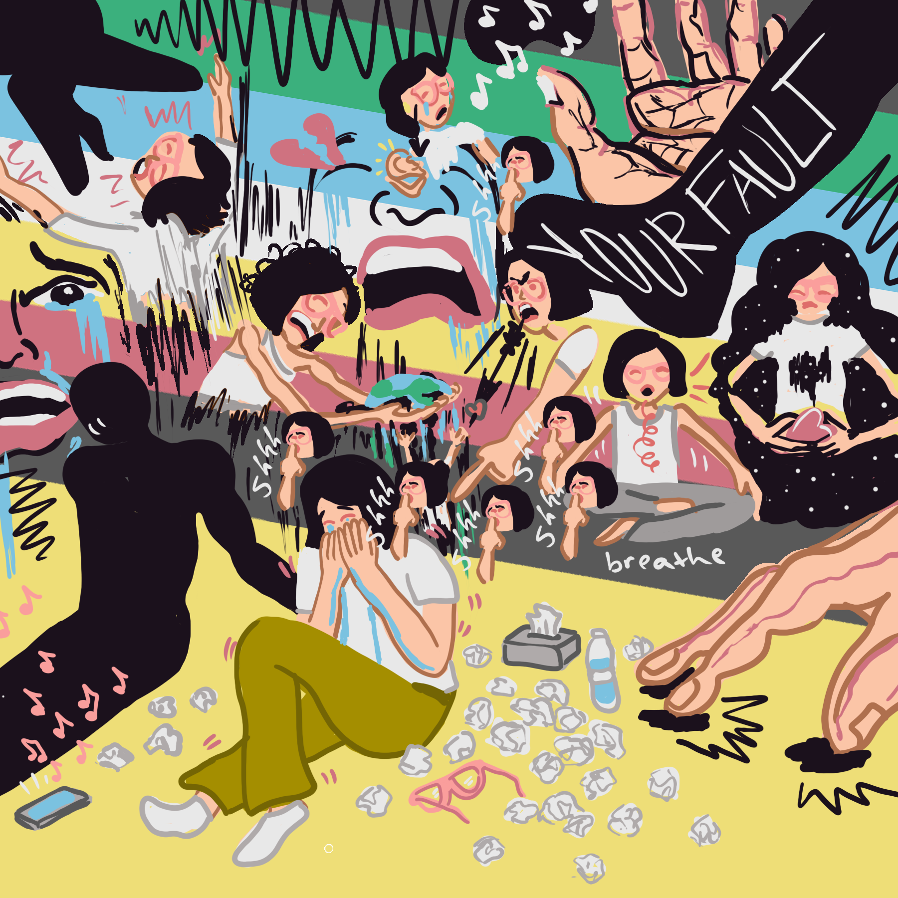 Illustration of a woman enduring a panic attack. Many negative and depressed versions of the woman exist at one time and it is hard for the women crying on the floor to understand which women are real and which aren't.