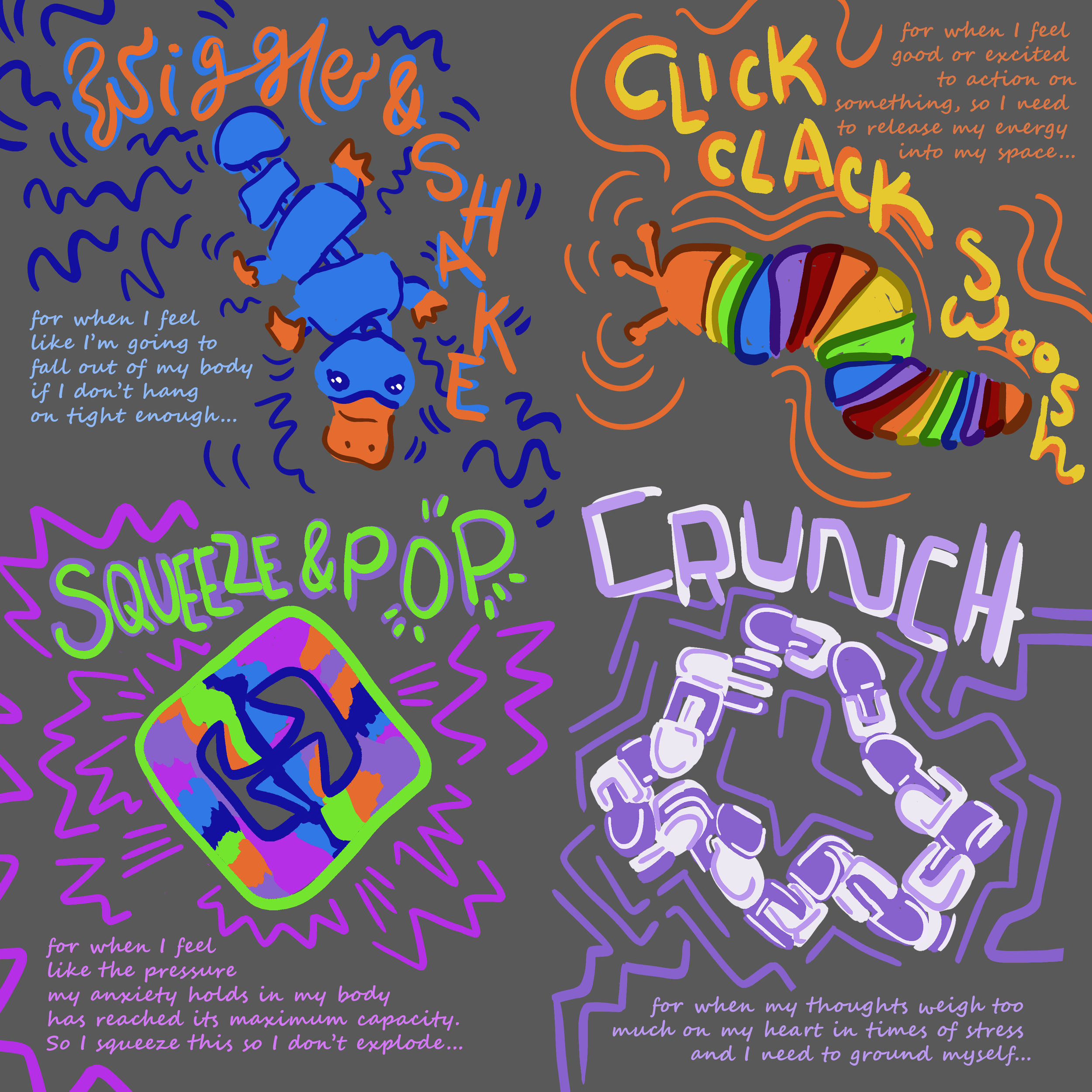 Illustration of four different fidget toys that Emma loves. Including a wiggly platypus, a wiggly rainbow slug, a squeeze and pop fidget, and a crunchy chain shaped fidget.