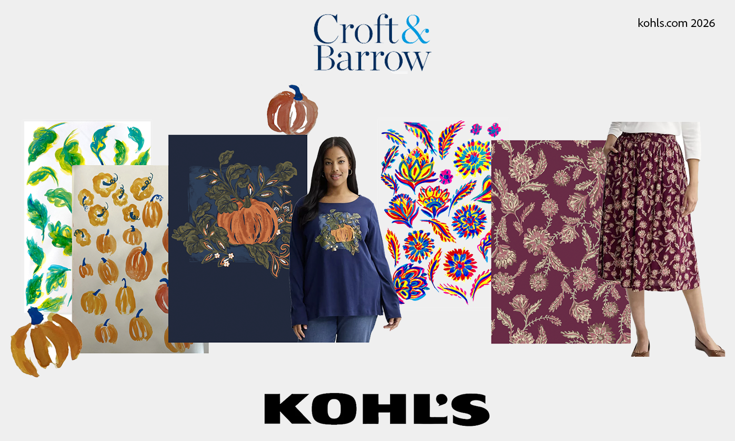 Watercolor paintings & digital illustrations are transformed into digital textile repeats to be printed on Kohl's clothing and sold in stores and online across the United States. 