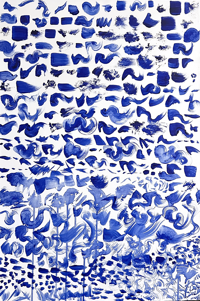 Blue swatches of a variety of brushstrokes fill the canvas like words on a page.