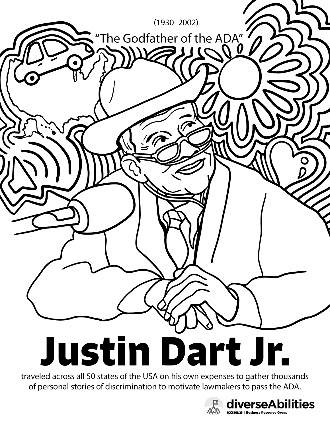 Emma Rarick. "Justin Dart Jr Disability Pride Coloring Page," June 2026, digital illustration, 8.5x11". Created for Kohl's diverseAbilities BRG.