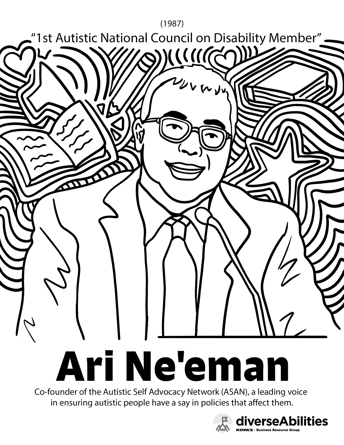 Emma Rarick. "Ari Ne'eman Disability Pride Coloring Page," June 2026, digital illustration, 8.5x11". Created for Kohl's diverseAbilities BRG.