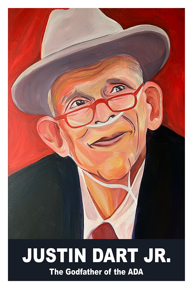 Realistic painting of Justin Dart Jr. Older White man with short grey hair, a white hat, red glasses, and oxygen tubes, wearing a suit with a red tie in front of a red background smiles with his month closed.