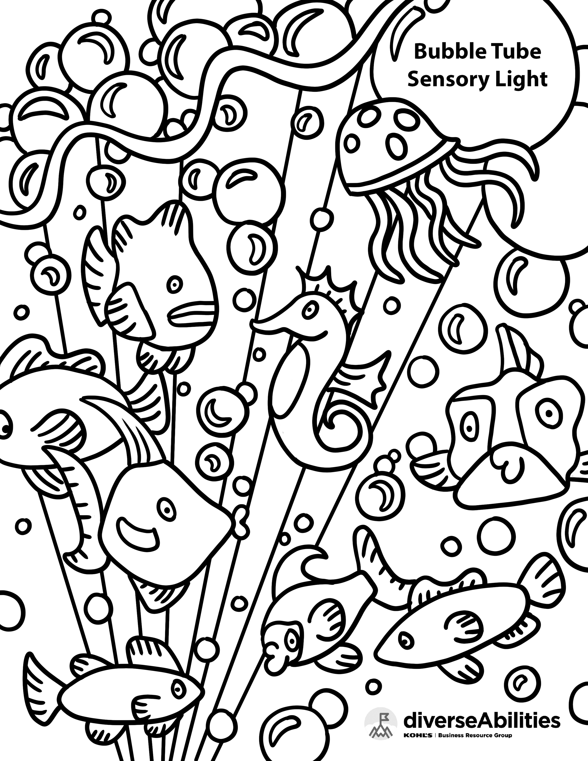 Coloring Page 3 by Emma Rarick. A bubble tube sensory light is a stress-relieving tool you can add to your sensory room.